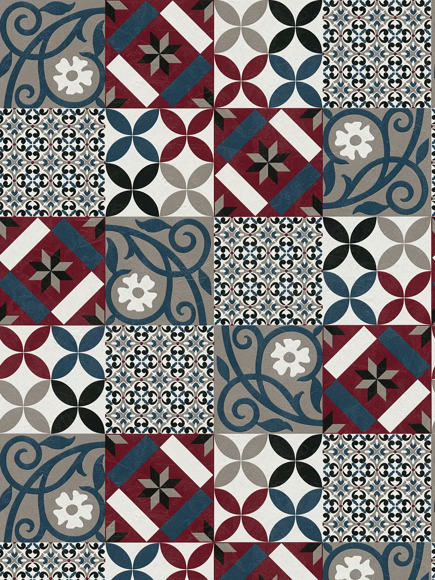 Tile wallpaper mosaic & flower pattern - black, red, blue

