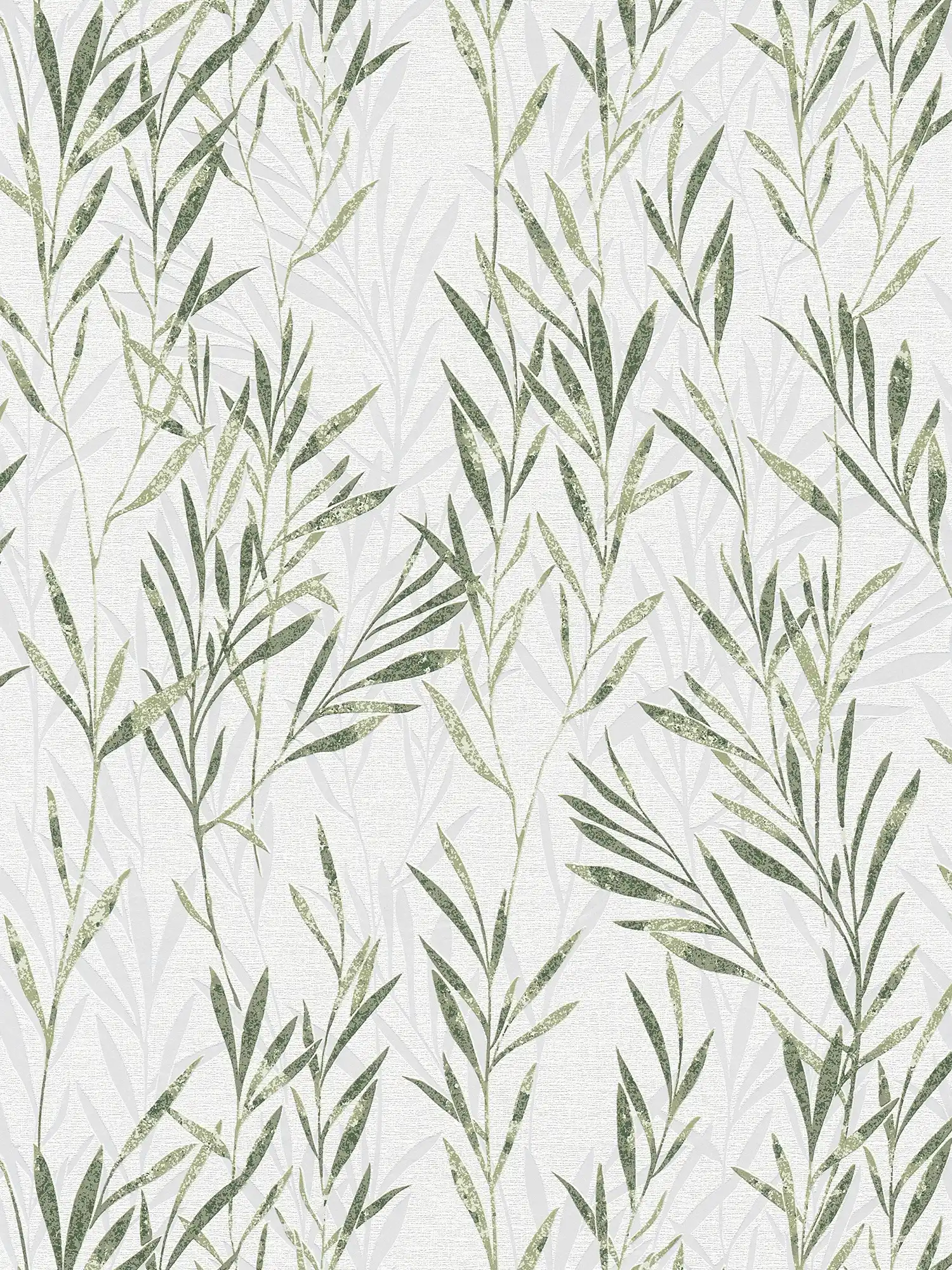 Non-woven wallpaper leaves design & tendril pattern - green, white
