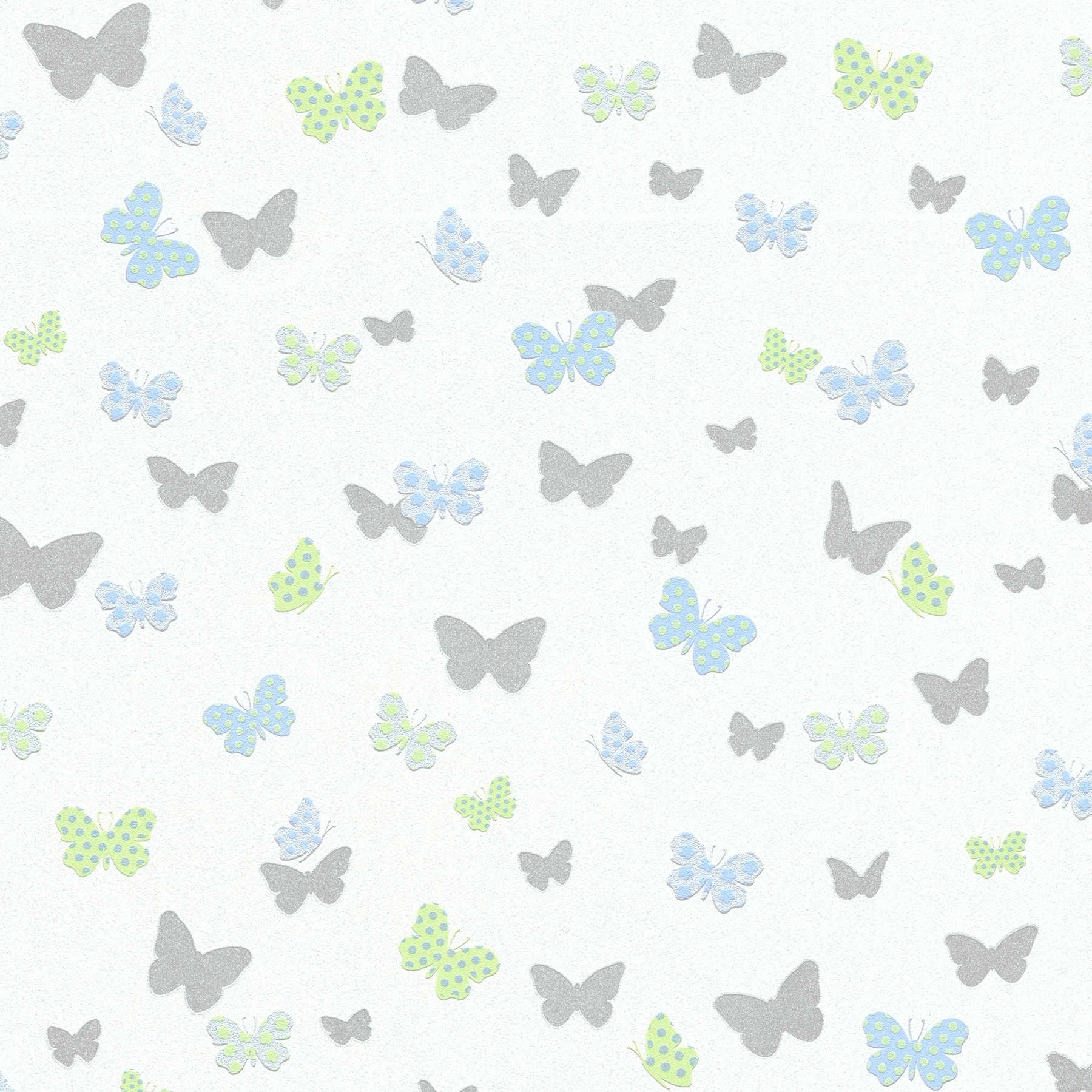 Carta da parati a farfalla per camerette per ragazzi - bianco, blu, grigio
