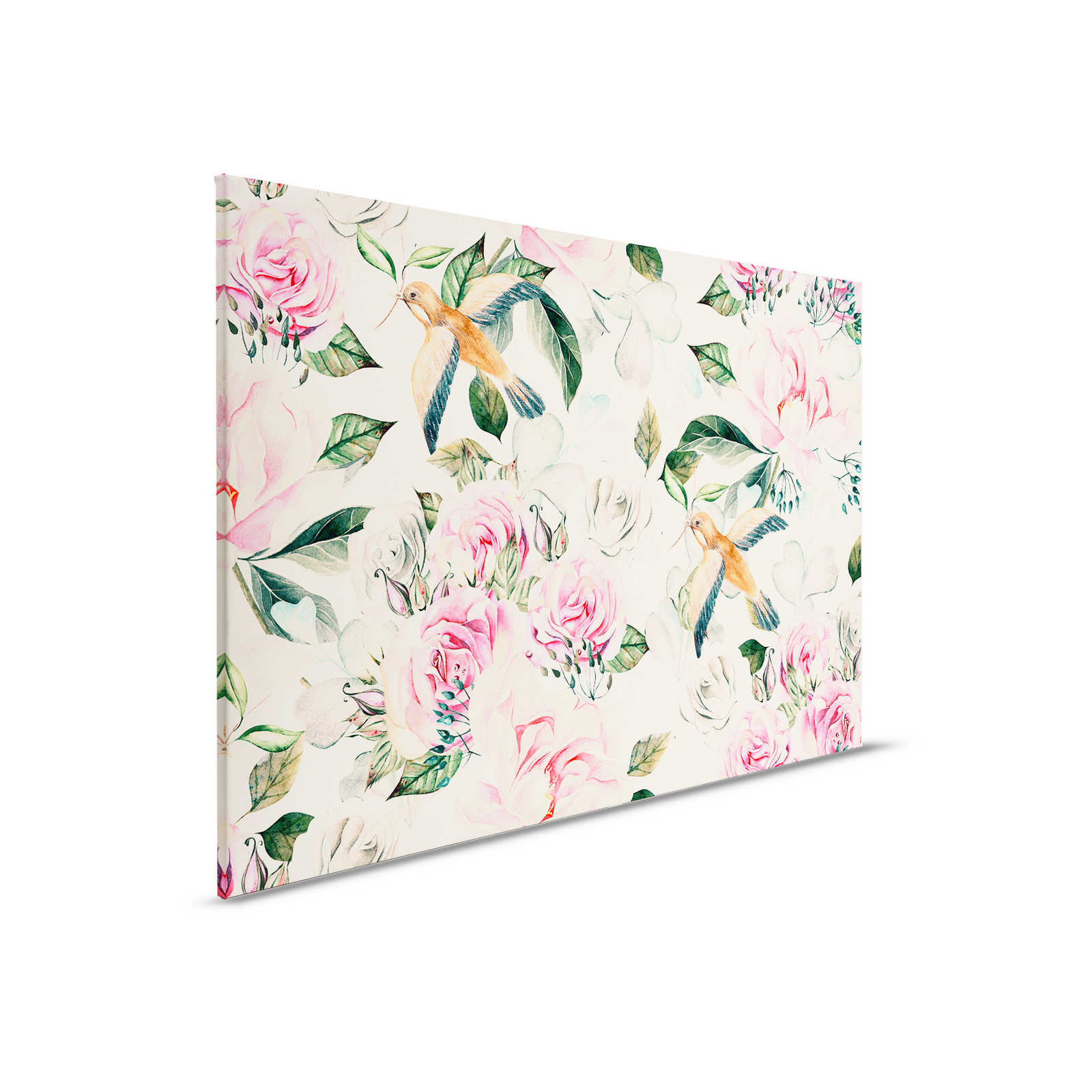 Vintage Style Canvas with Playful Flowers and Birds - 0.90 m x 0.60 m
