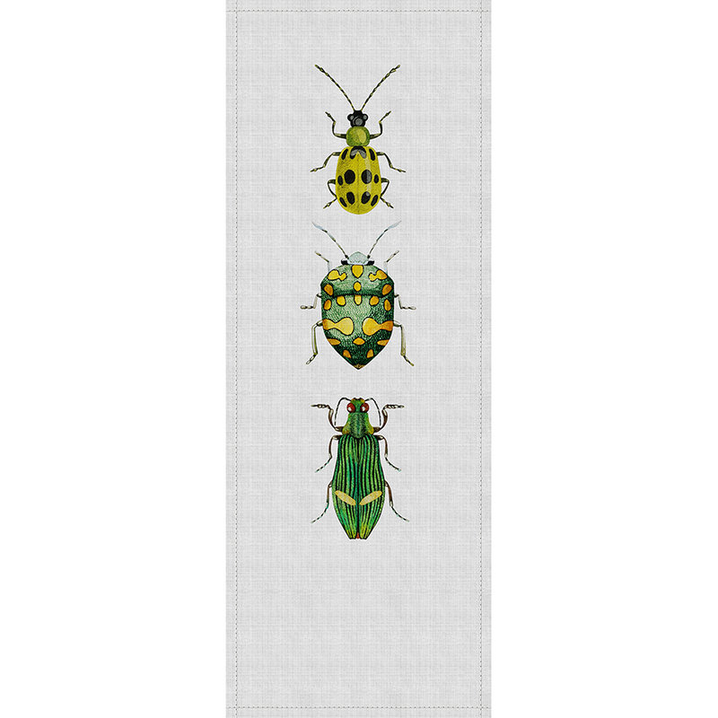 Buzz panels 4 - Panneau d'impression numérique avec des scarabées colorés dans une structure en lin naturel - jaune, gris | À structure Revêtement mural intissé
