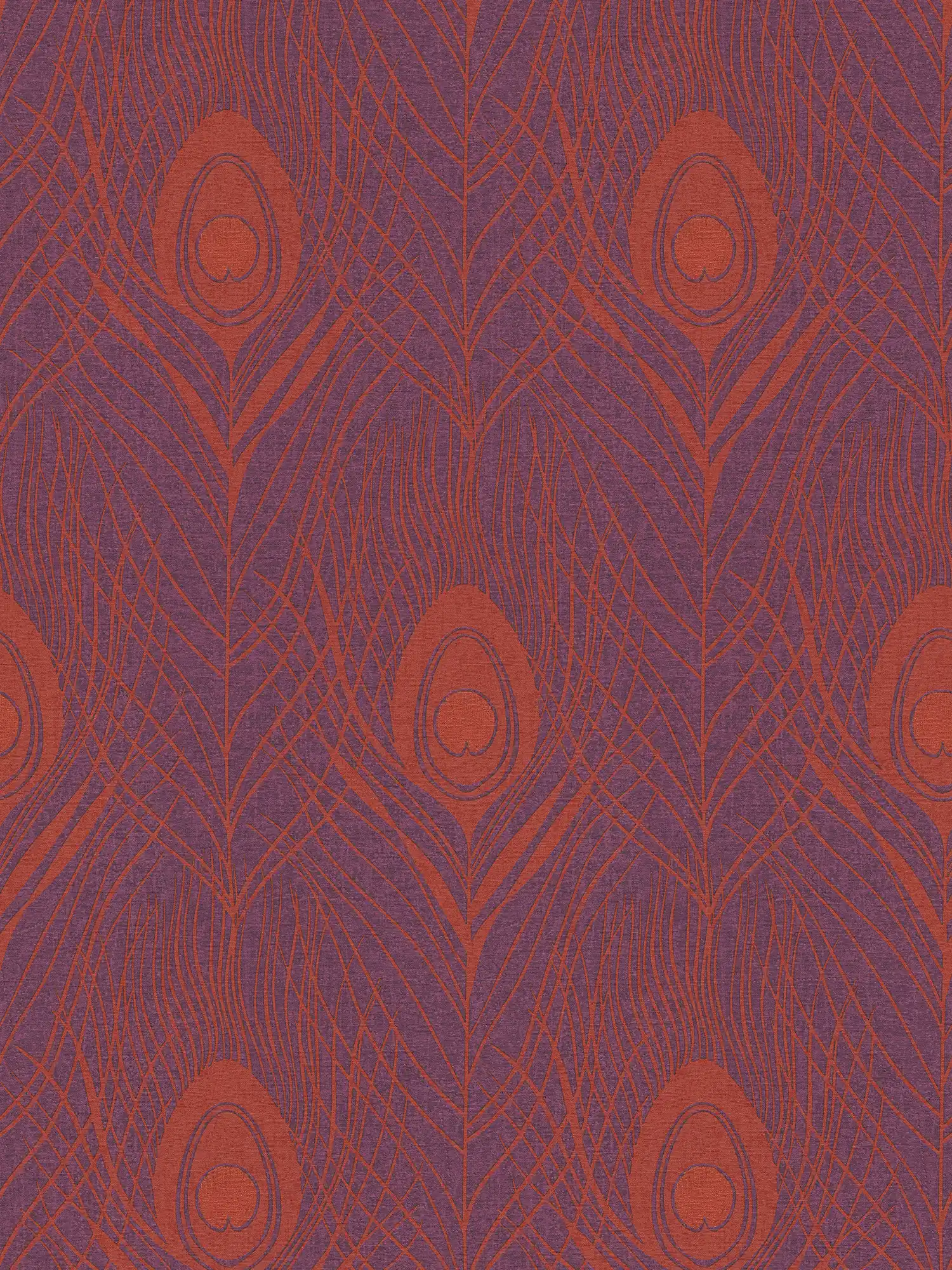 Magenta non-woven wallpaper with peacock feathers - red, purple, gold
