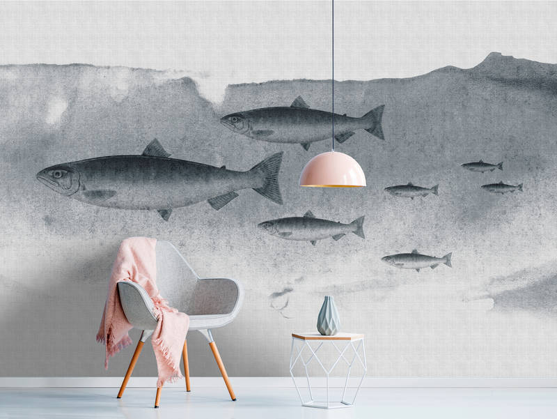             Into the blue 3 - Acuarela de peces en gris como papel pintado fotográfico en estructura de lino natural - Gris | Tela no tejida lisa Premium
        