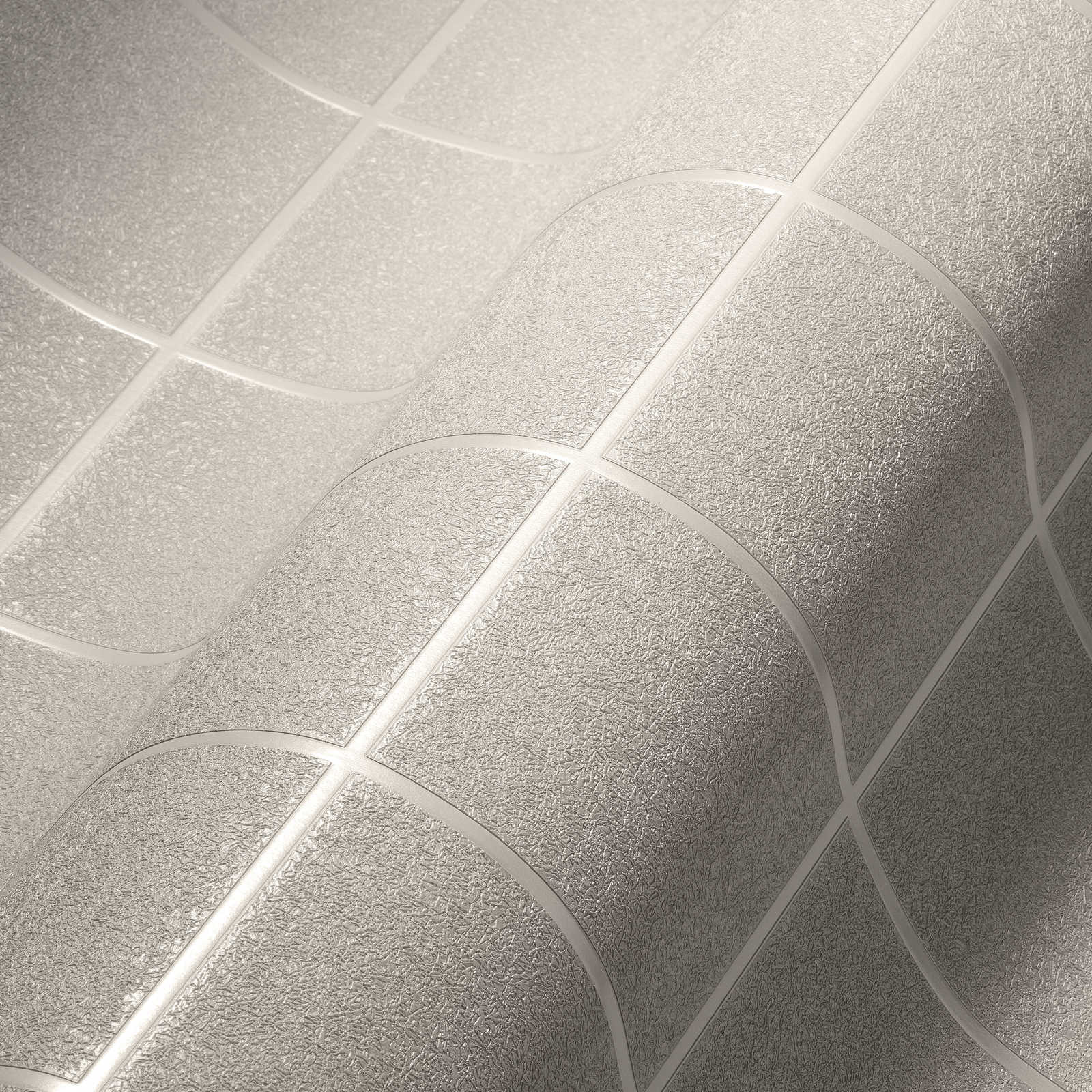             Carta da parati con motivo a piastrelle ed effetto 3D, screziato - argento, grigio, bianco
        