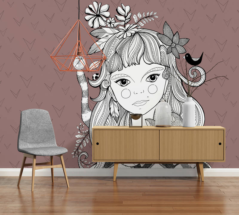             Photo wallpaper girl & cat design in doodle style
        