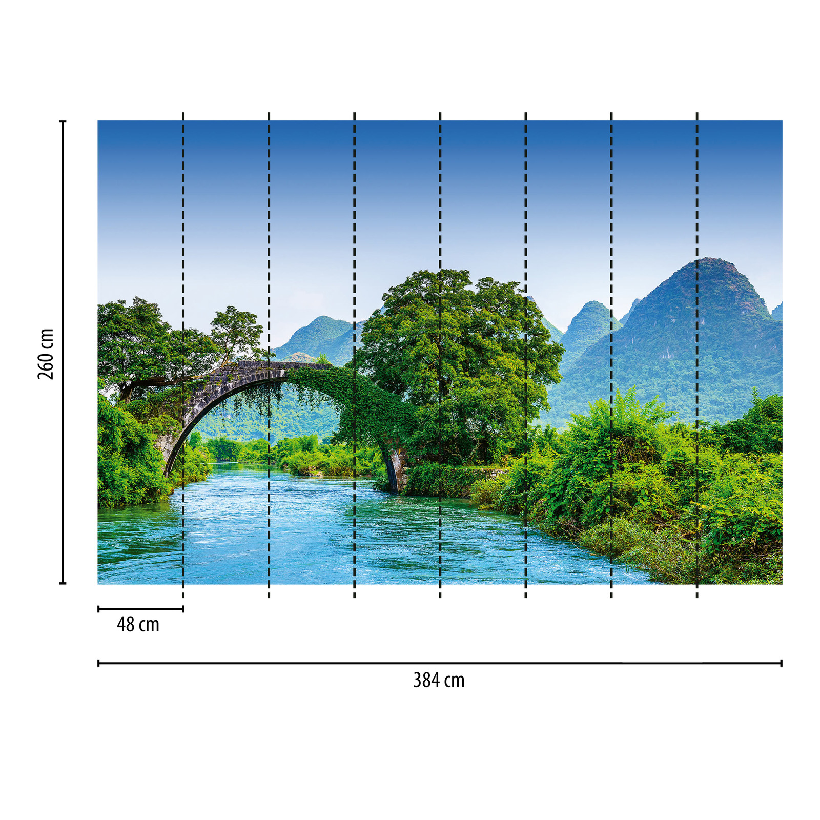             Papier peint panoramique Chine rurale, montagnes rivière & pont
        