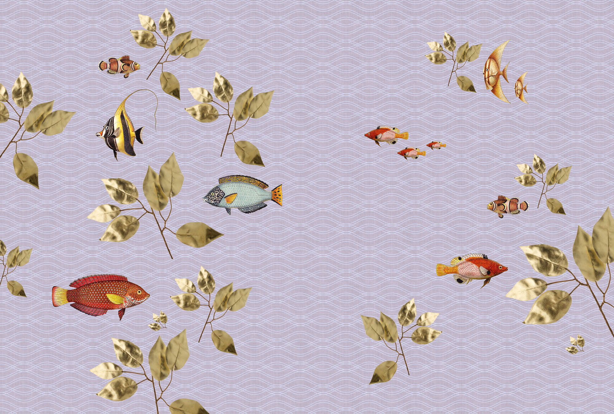             Brilliant fish 2 - Fish wallpaper in natural linen structure with modern style mix - Violet | mother-of-pearl smooth fleece
        