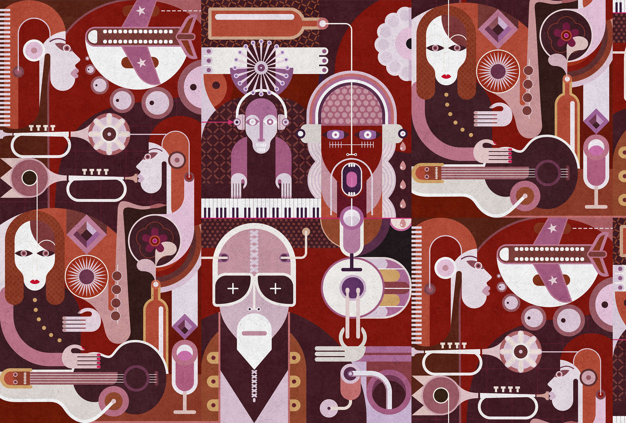             Wall of sound 2 - Papel pintado abstracto con caras en estructura de hormigón - Gris, Rosa | Premium liso no tejido
        