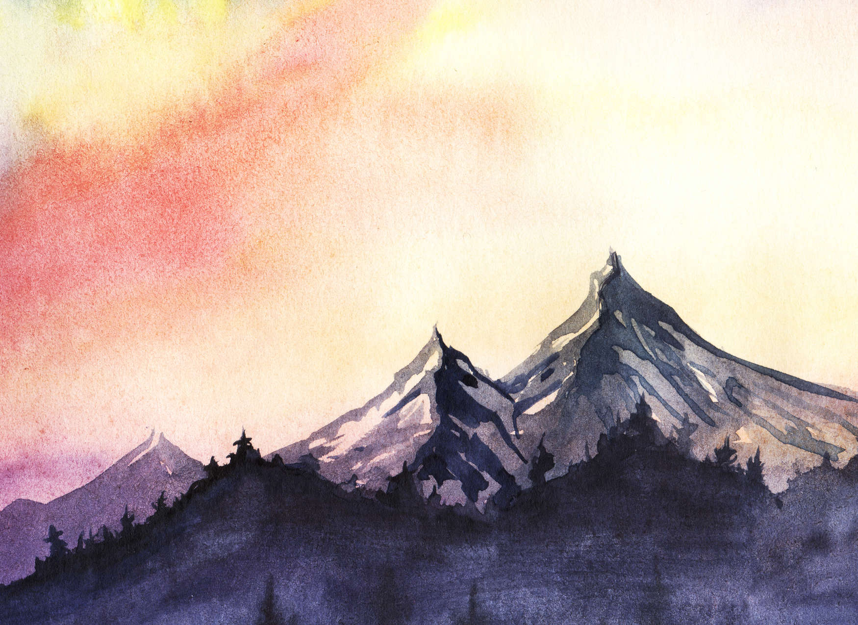             Mountain landscape in watercolour style - grey, yellow, pink
        