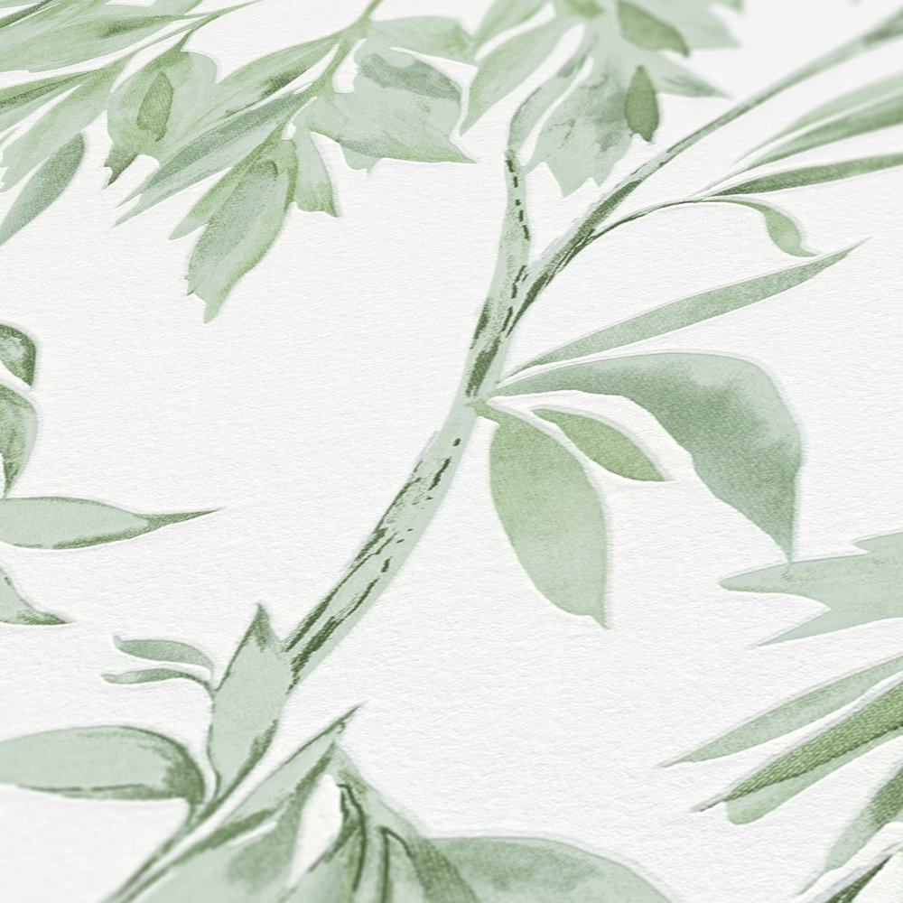             Papel pintado de vides frondosas estilo acuarela - verde, blanco
        