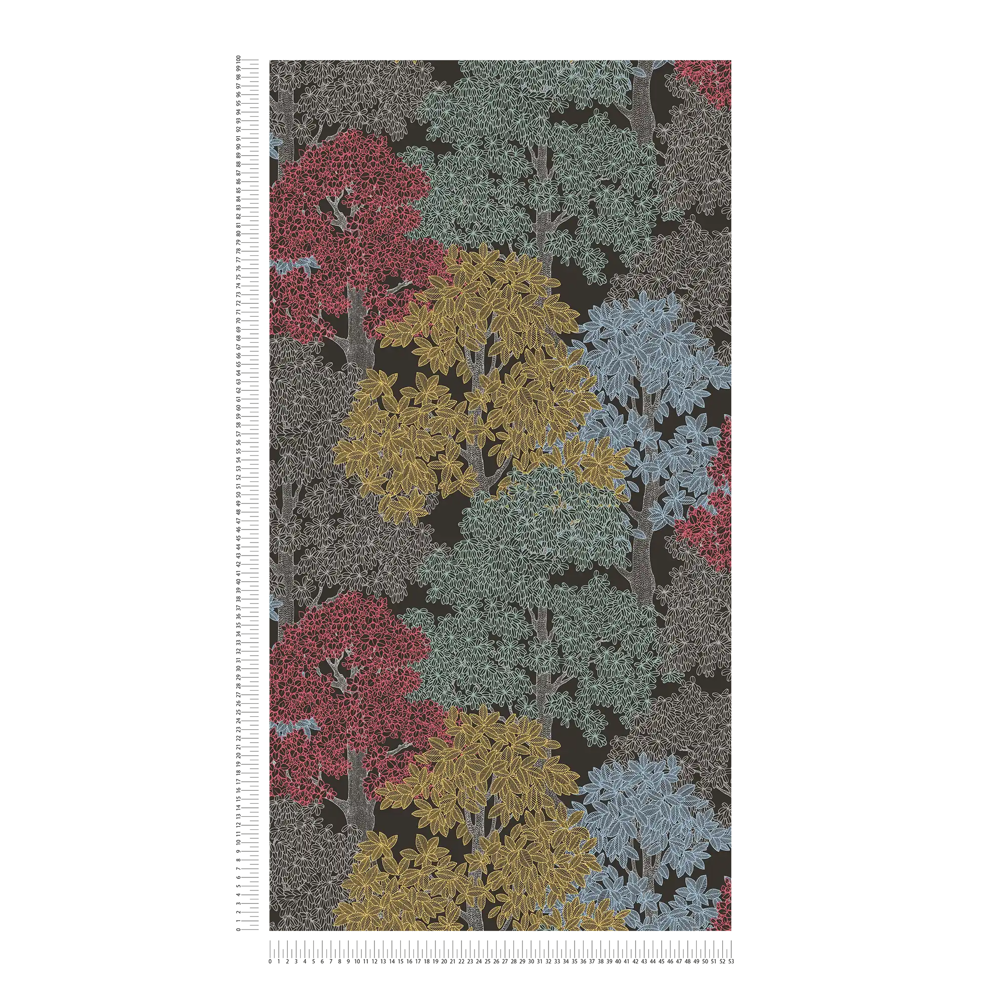             Wallpaper forest design in drawing style with treetops - brown, black, yellow
        