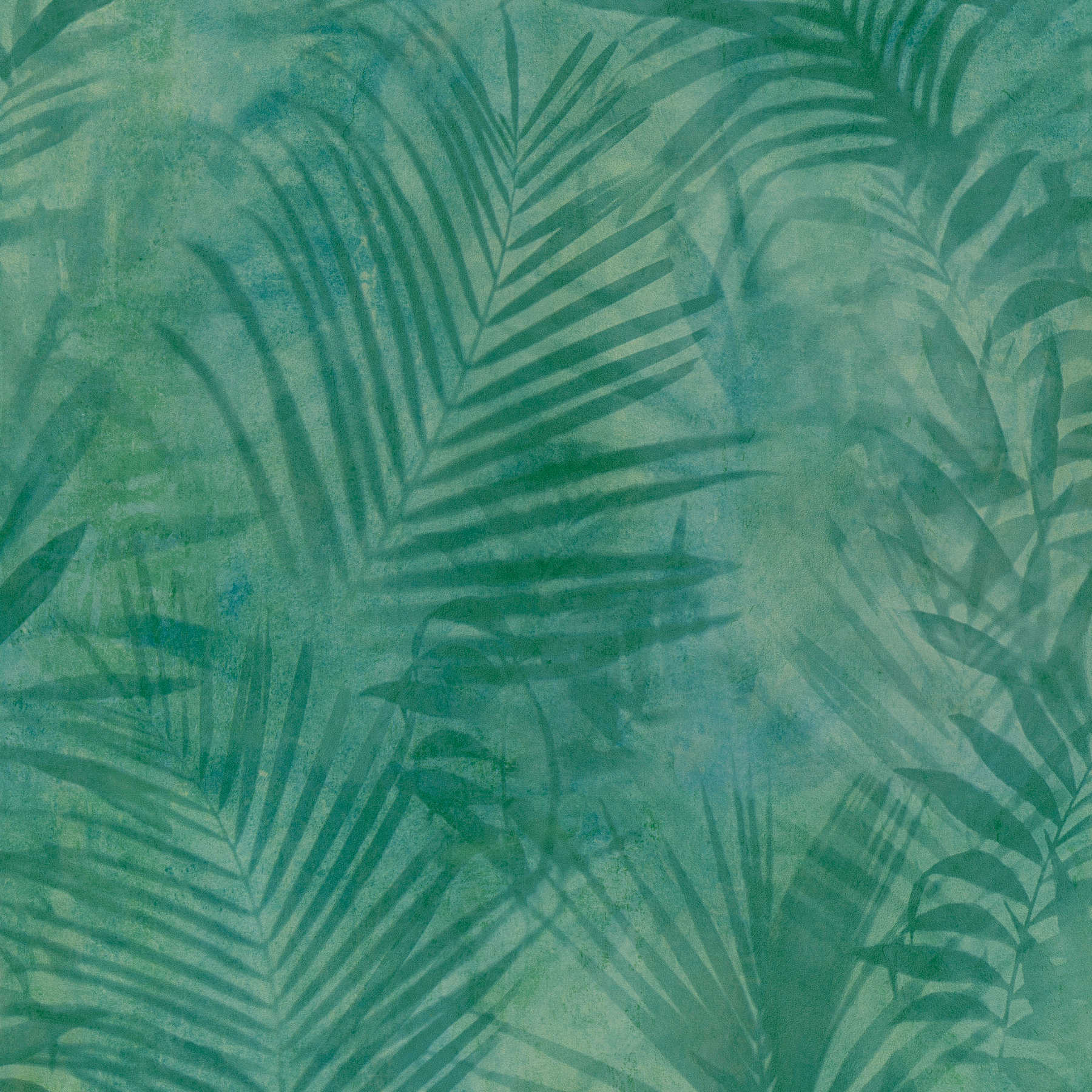 Wallpaper palm tree pattern in linen look - green, blue, yellow
