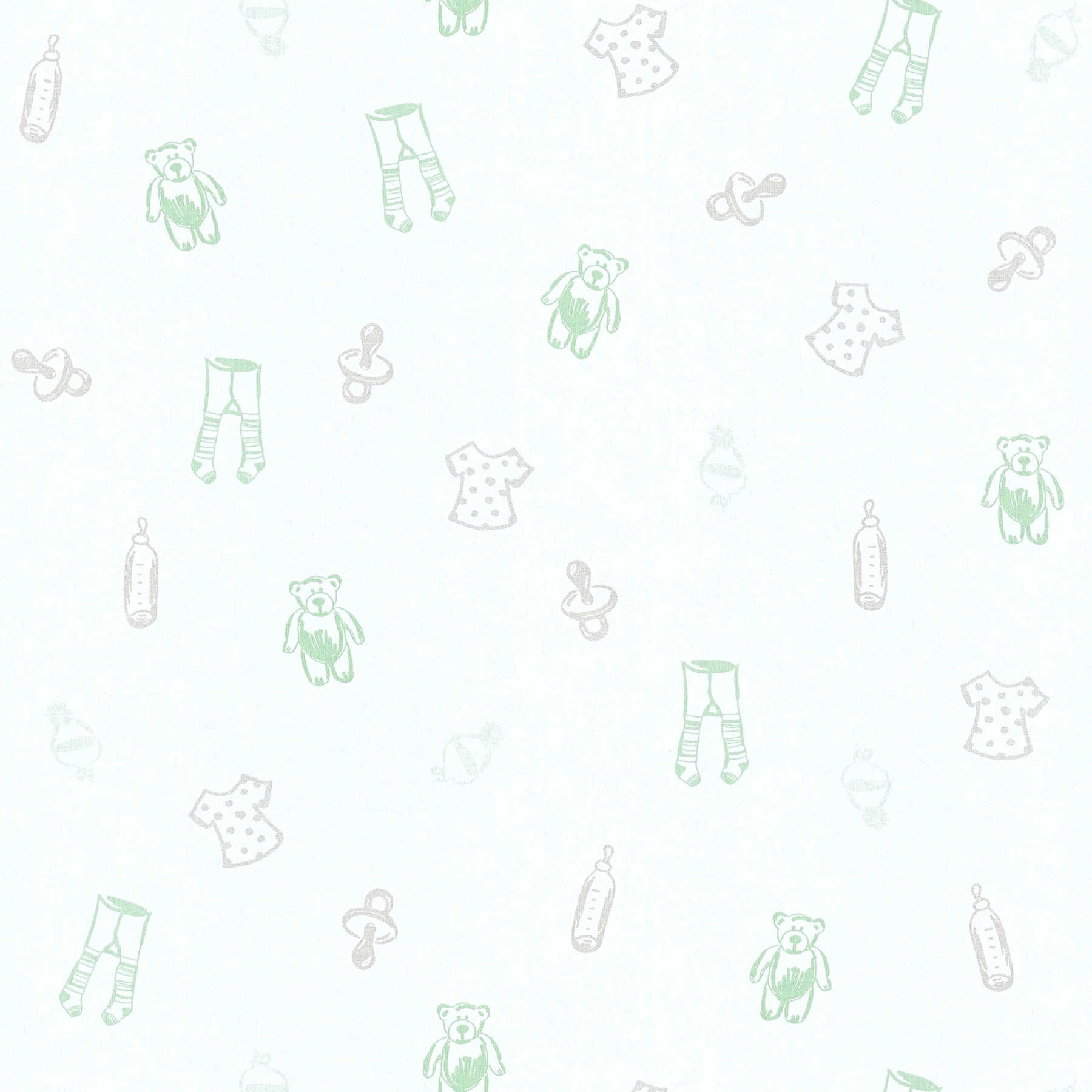 schattig babykamer behang met kinderpatroon - wit, groen

