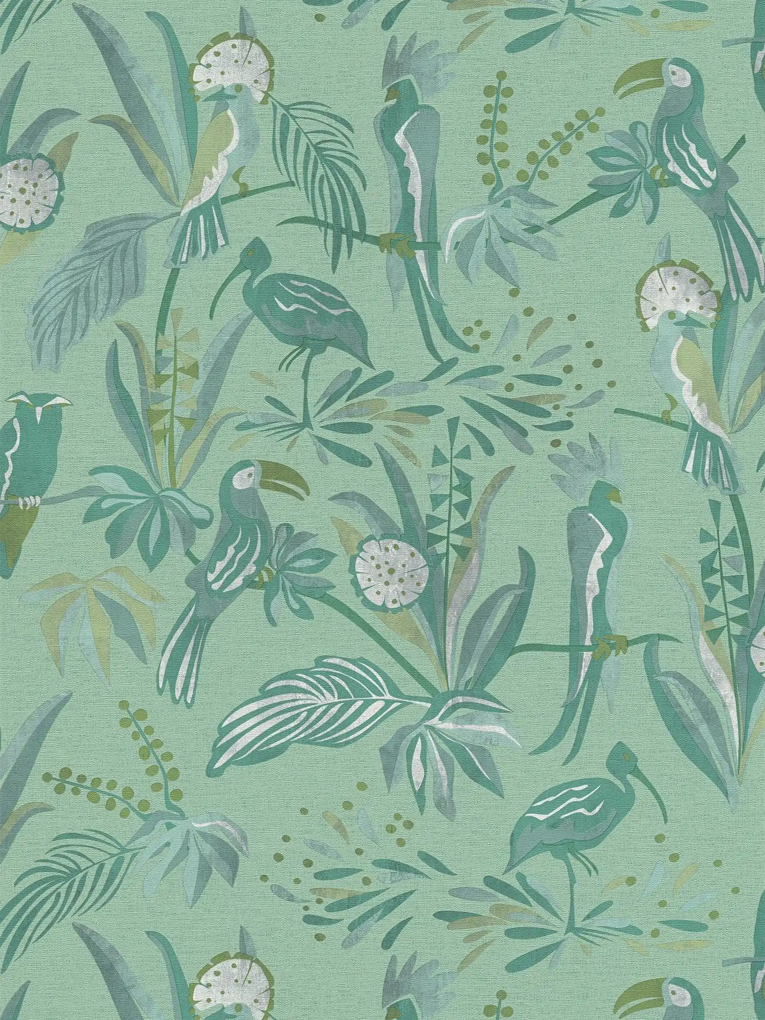 Papel pintado no tejido con motivo de hojas y pájaros de la selva - verde, gris
