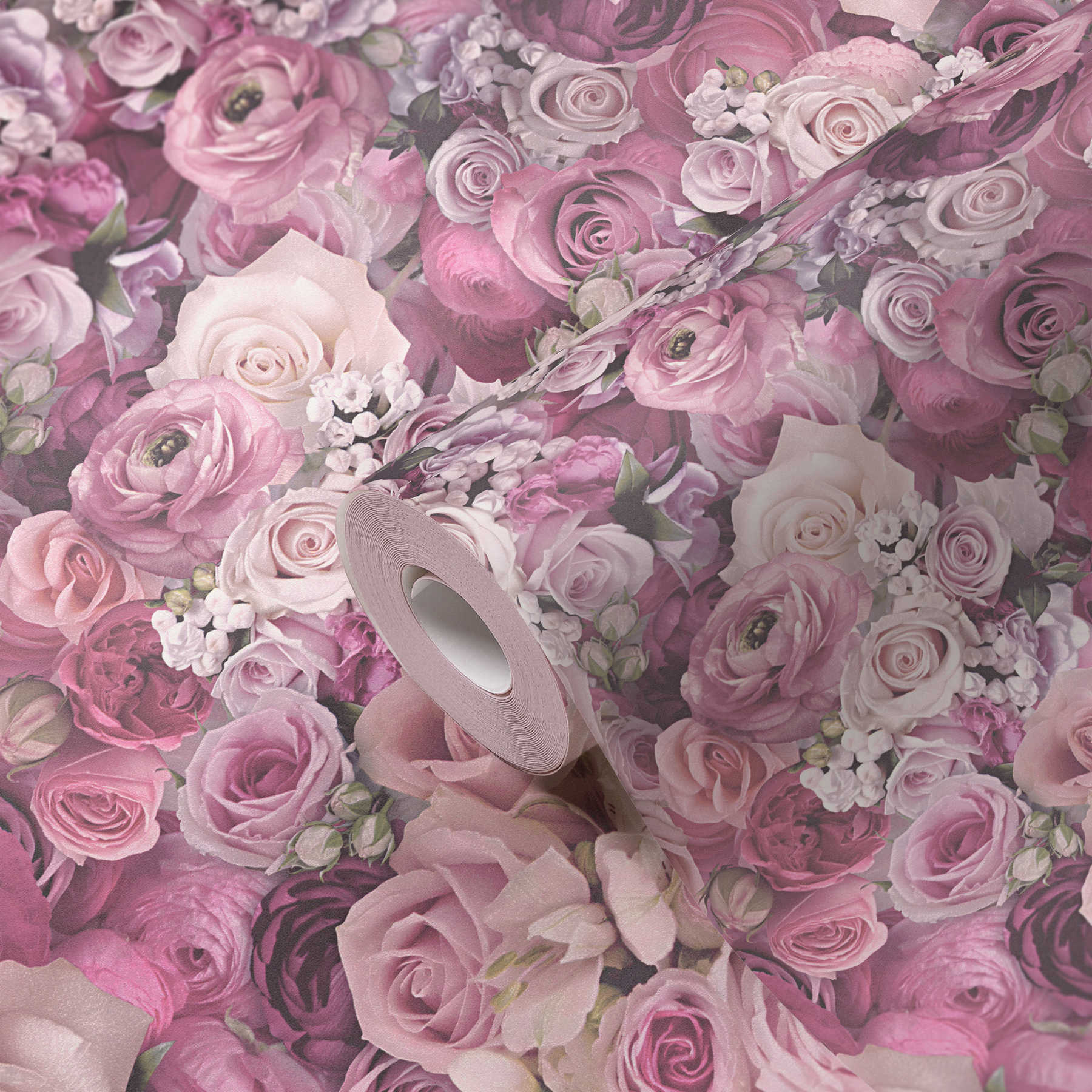             3D non-woven wallpaper roses flowers motif - purple
        