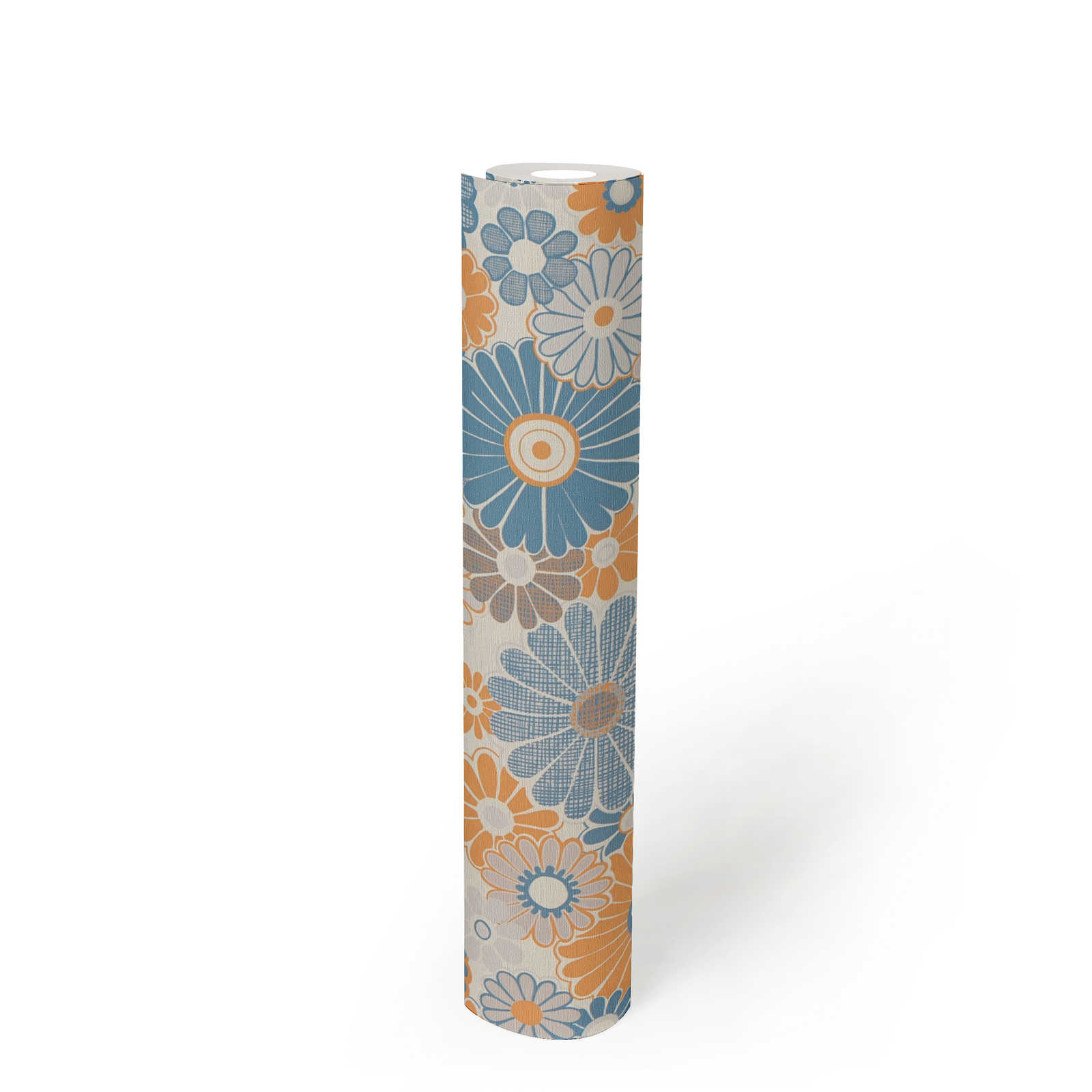             Vliesbehang met bloemenpatroon in retrostijl - blauw, oranje, grijs
        