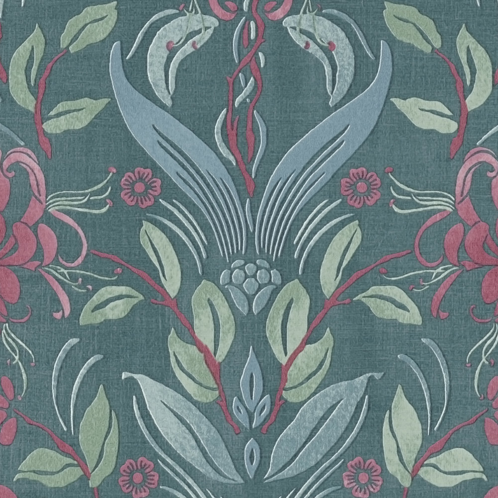             Floral non-woven wallpaper with flowers & birds - dark green, pink, green
        