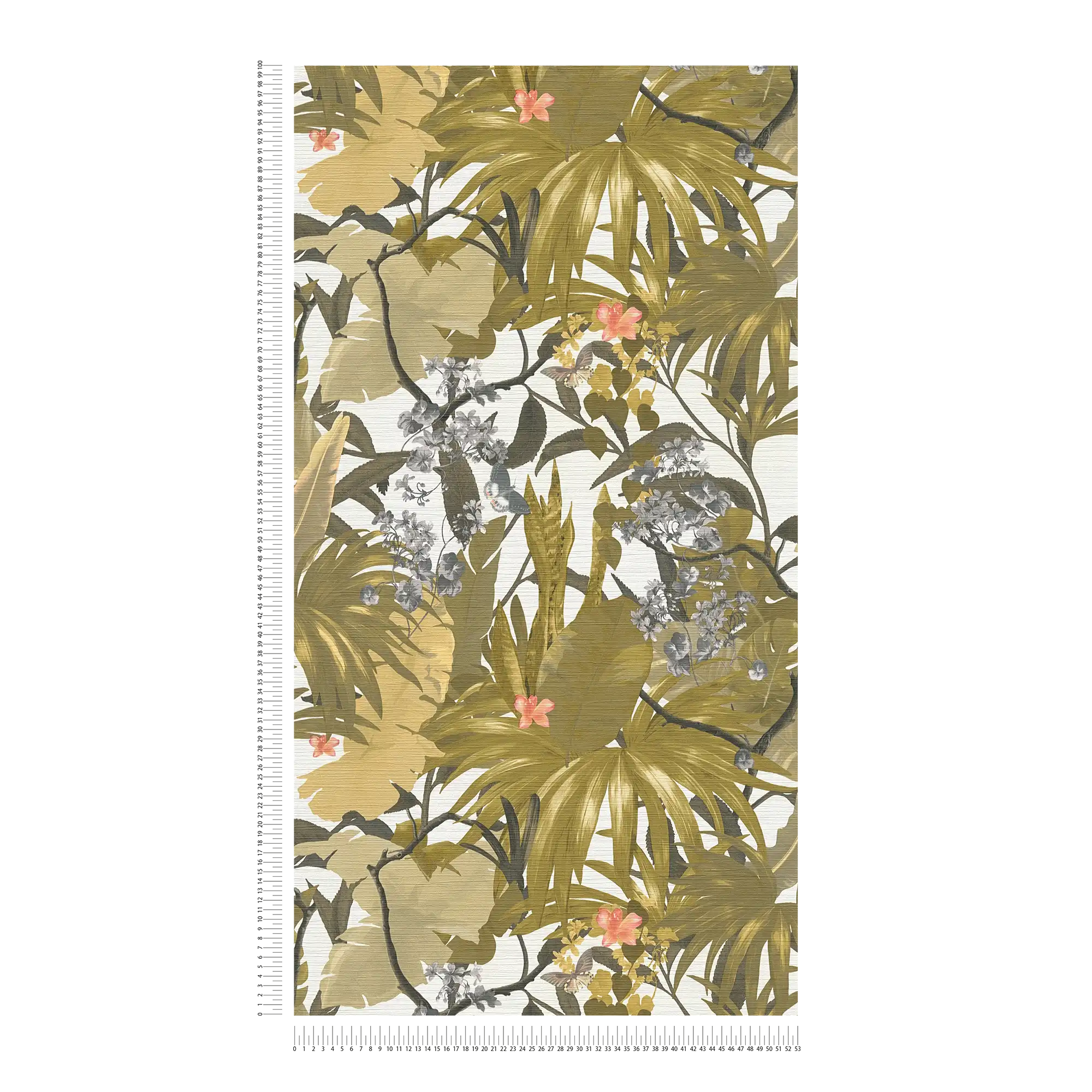             behang jungle design met bladmotief - geel, grijs
        