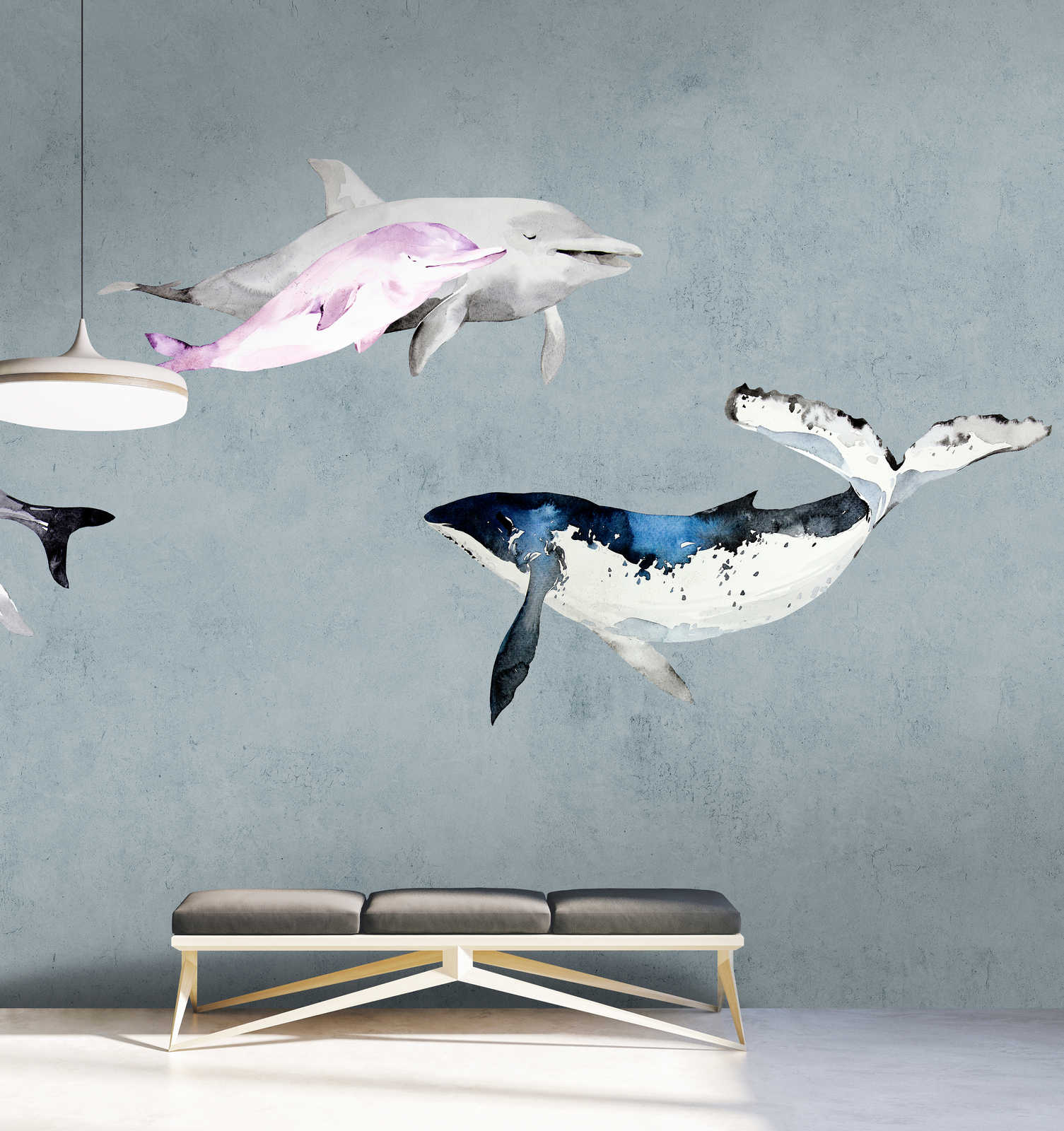             Oceans Five 1 - Watercolour style whales & dolphins mural
        