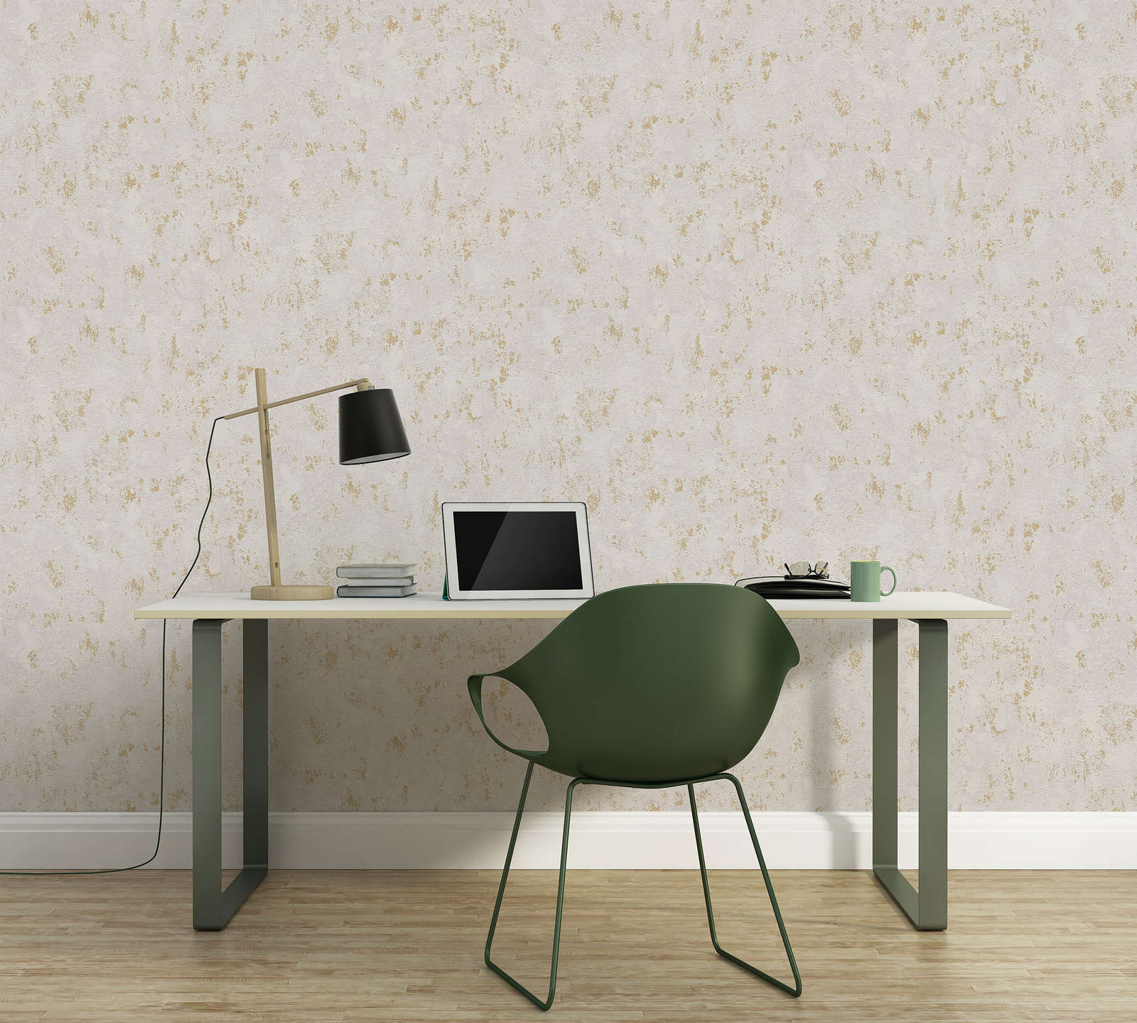             Non-woven wallpaper in plaster look with gold accents - beige, grey, gold
        