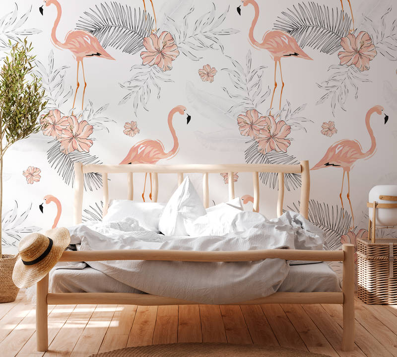             Photo wallpaper flamingos & tropical plants - white, pink, grey
        