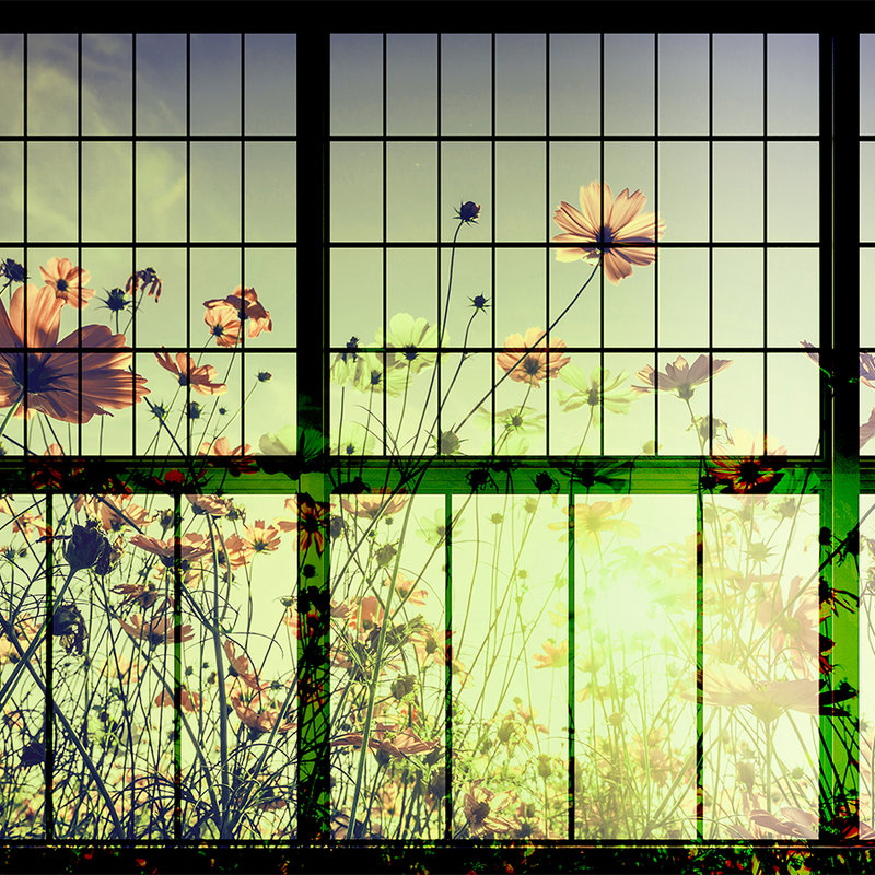 Meadow 2 - Muntin Window Wallpaper with Flower Meadow - Green, Pink | Matt Smooth Non-woven
