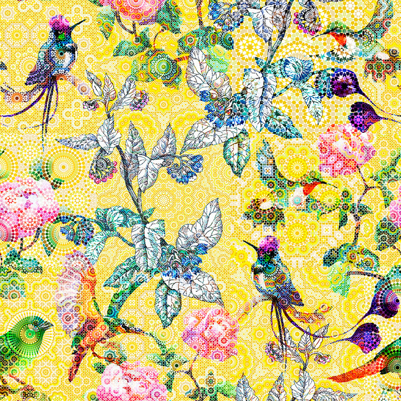 Photo wallpaper exotic flowers mosaic - yellow, green
