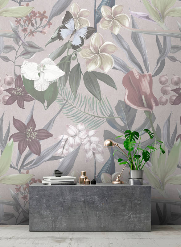             Floral jungle mural drawn - grey, white
        