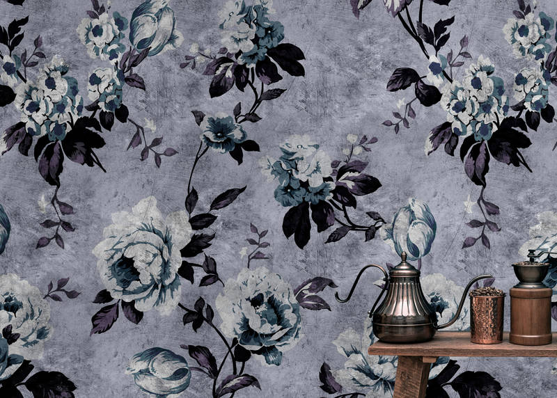             Wilde rozen 6 - Rozenbehang in retro look, grijs in krasstructuur - Blauw, Violet | Mat glad vlies
        