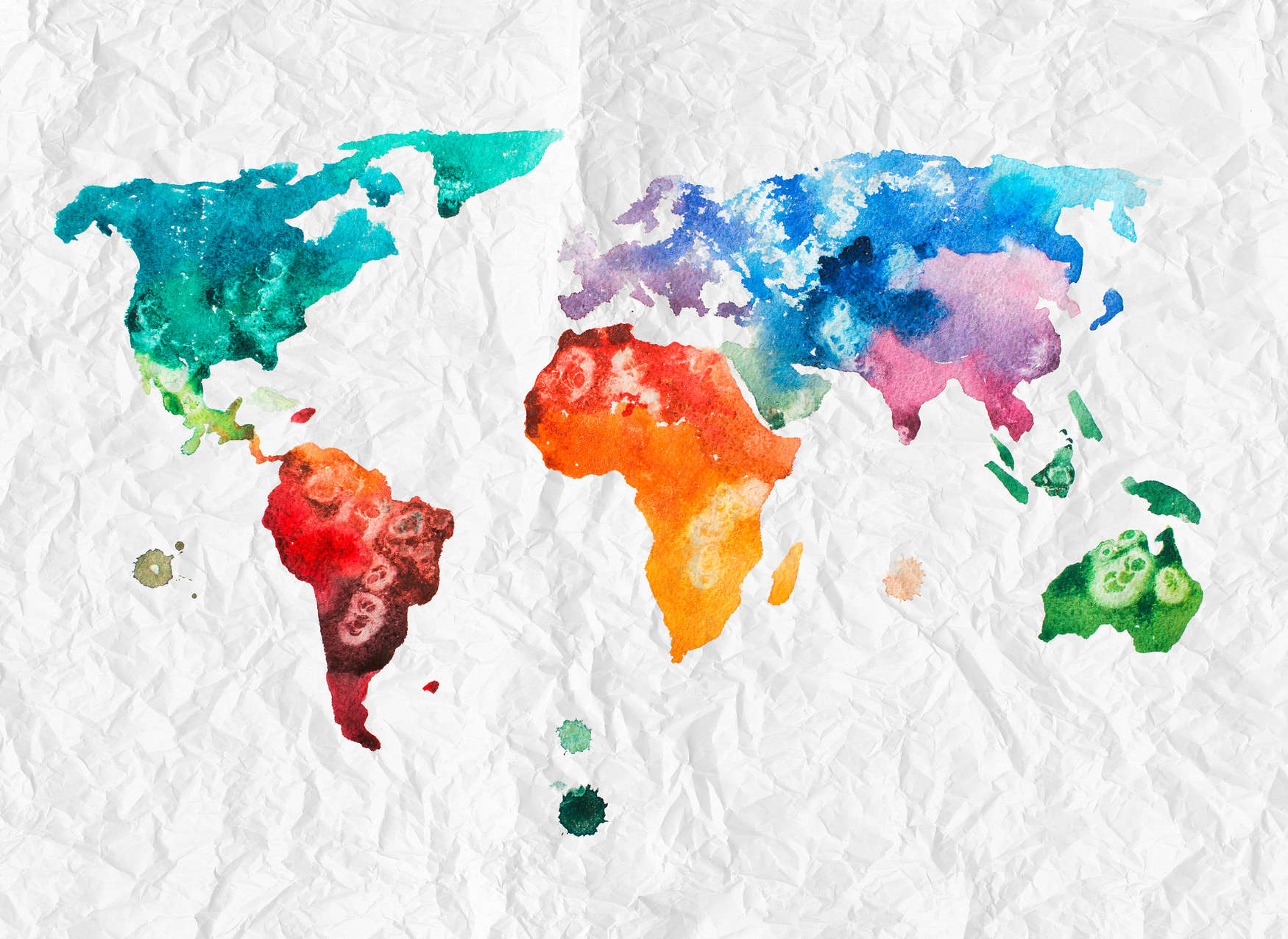             World maps mural watercolour - colourful, white
        