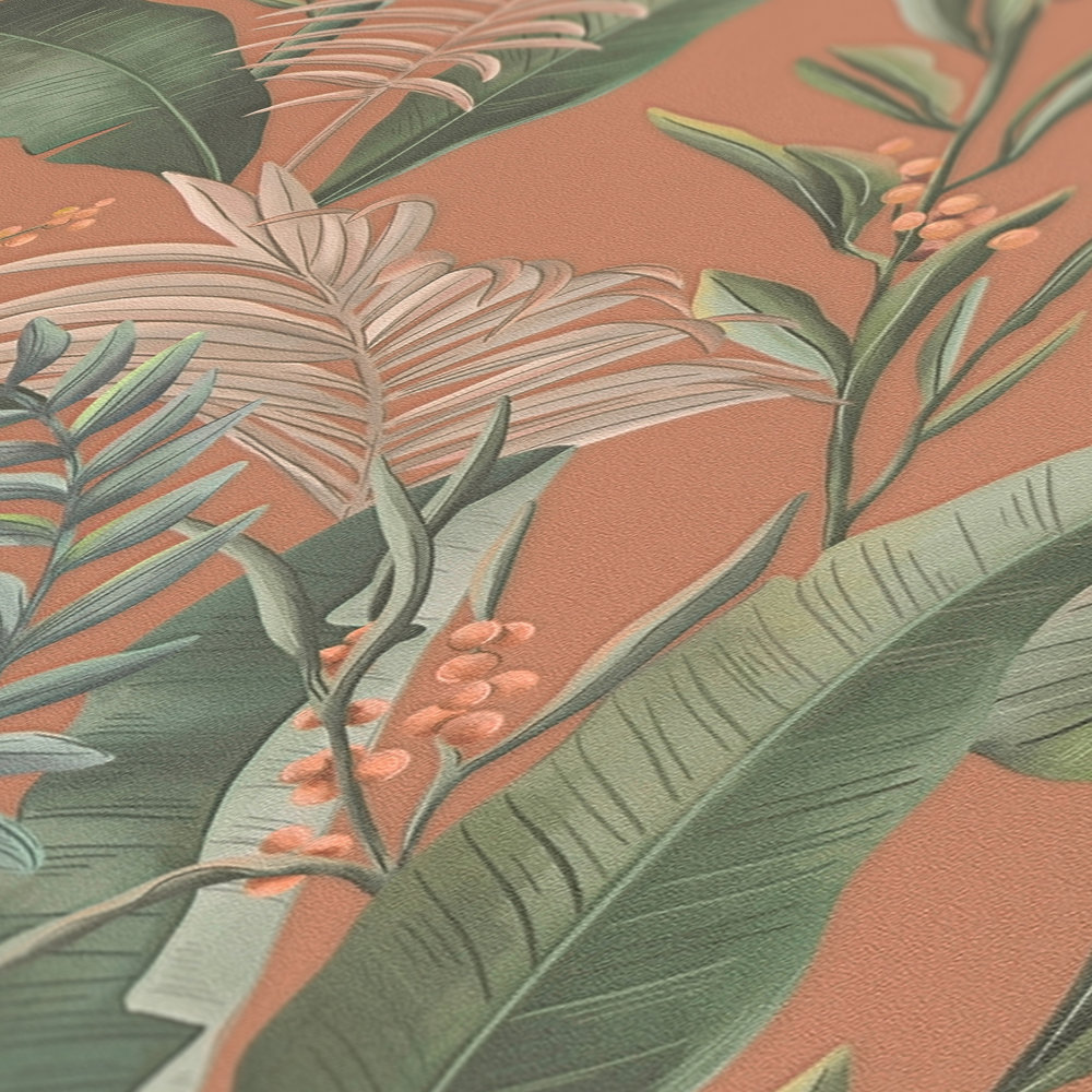             Bloemrijk jungle behang met bladeren mat gestructureerd - oranje, rood, groen
        