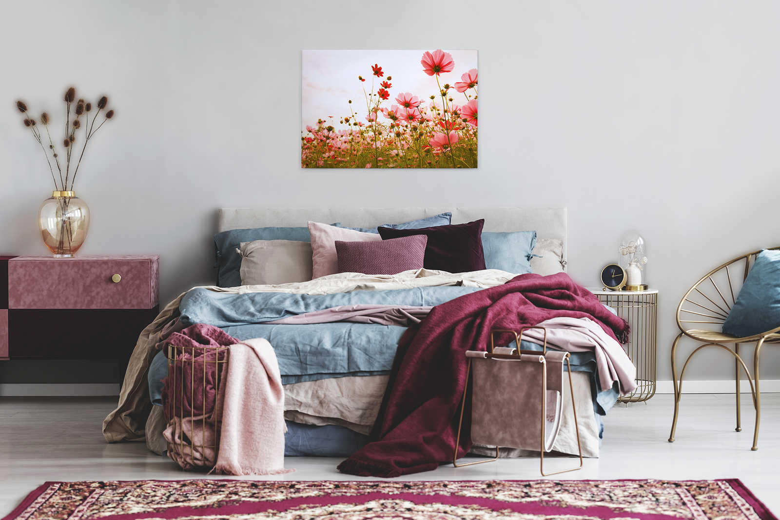             Canvas with flower meadow in spring | pink, green, white - 0.90 m x 0.60 m
        
