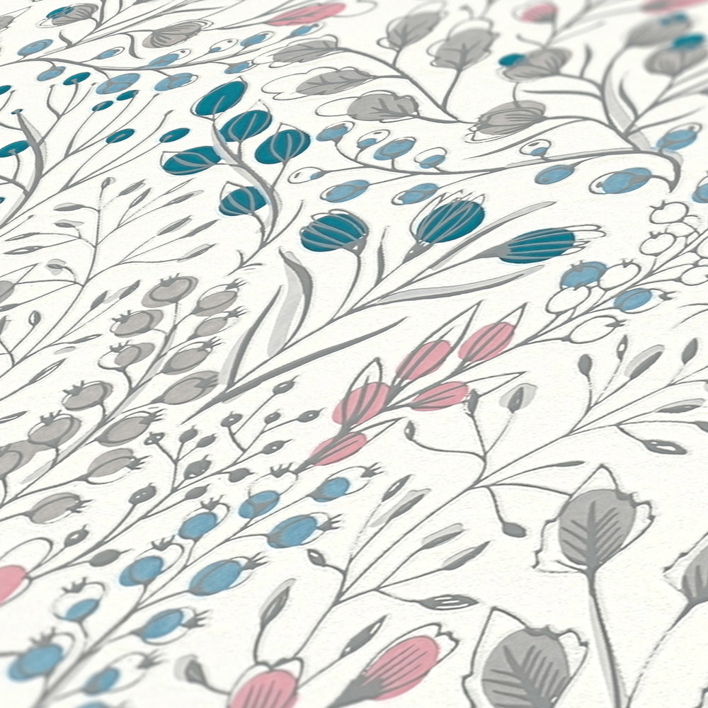             Papel pintado no tejido con motivos florales en estilo de dibujo - blanco, rosa, azul
        