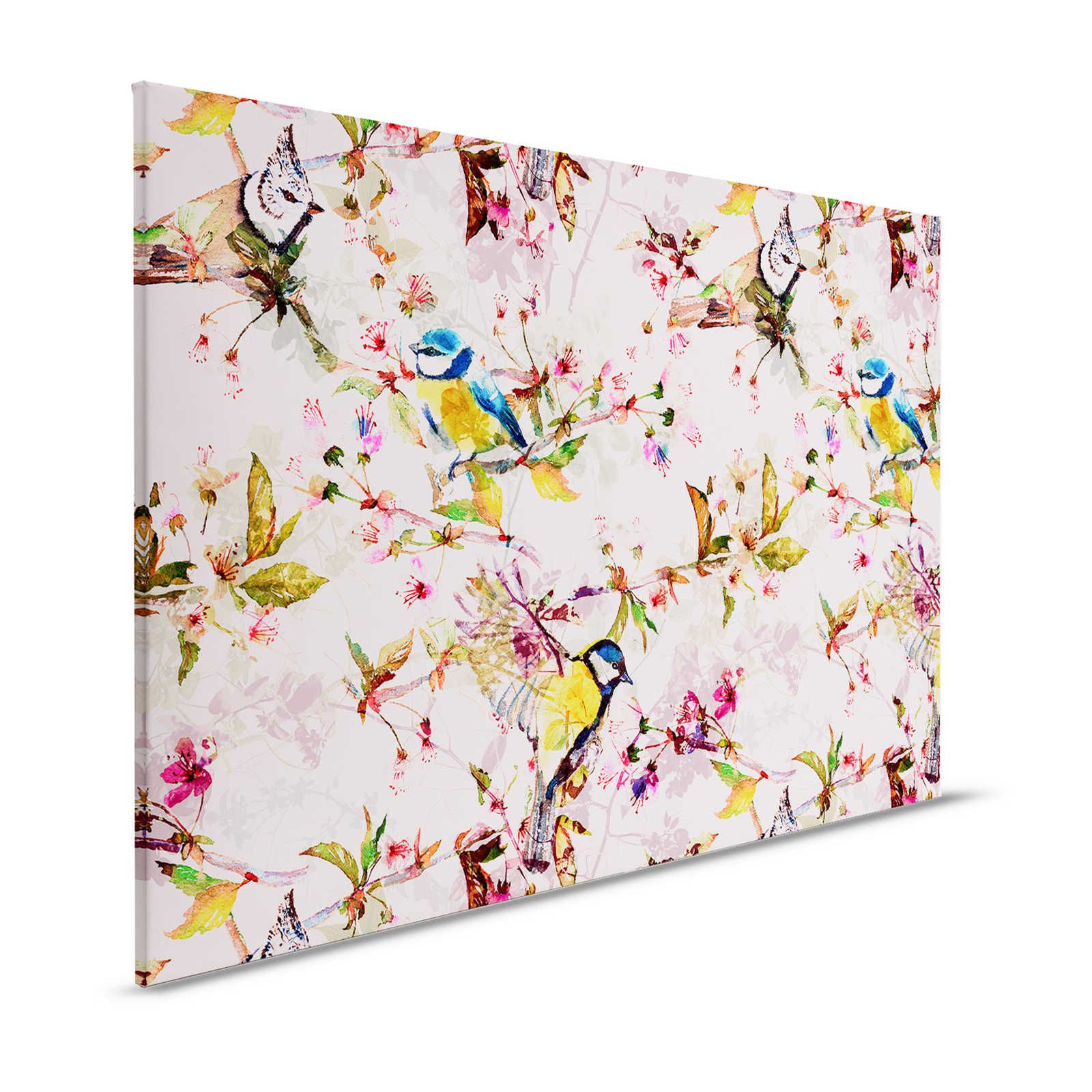 Uccelli Pittura su tela in stile collage | rosa, giallo - 1,20 m x 0,80 m
