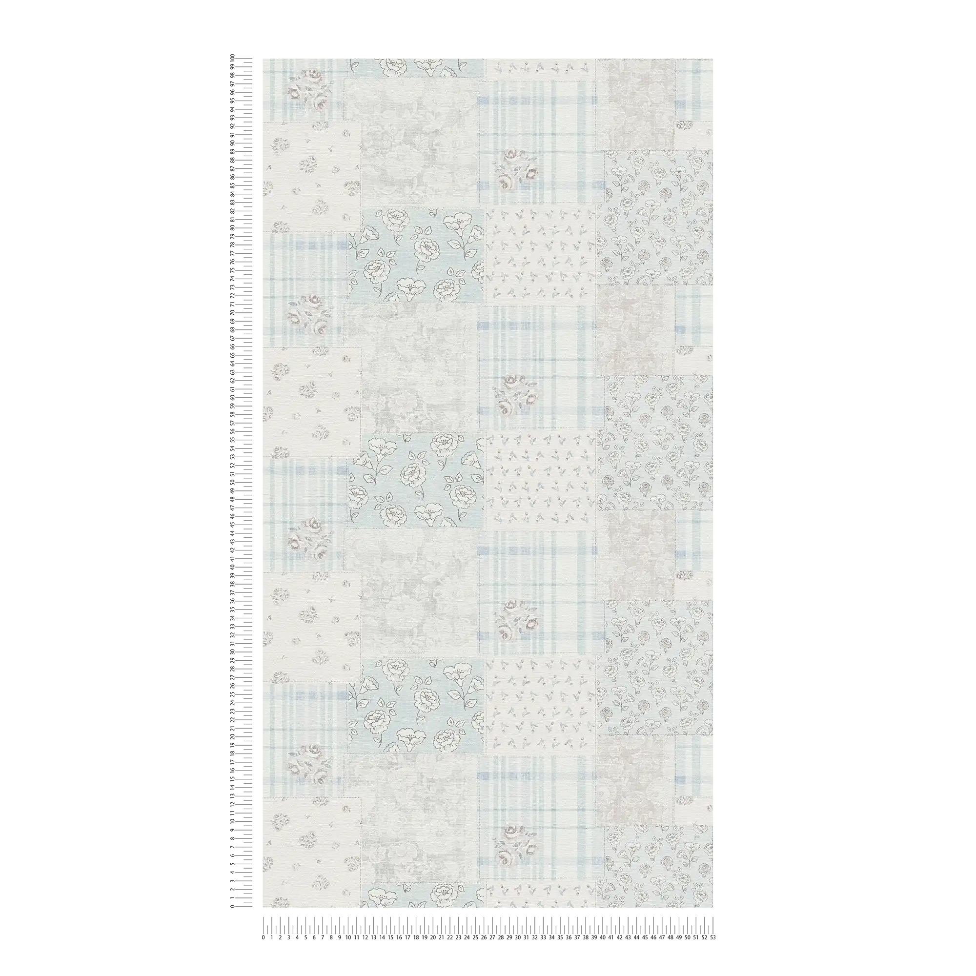             Papier peint intissé motif fleurs et carreaux style rustique - bleu clair, gris, blanc
        