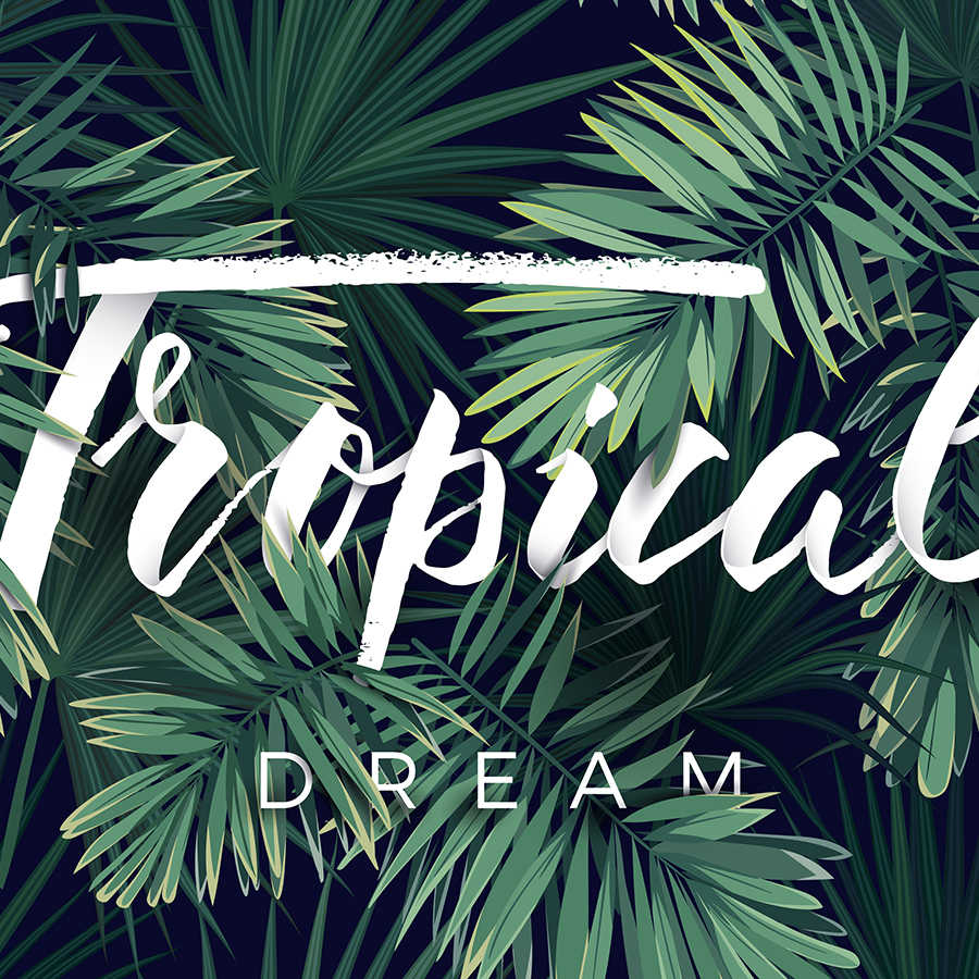 Grafisch behangpapier "Tropical Dream" belettering op parelmoer gladde fleece

