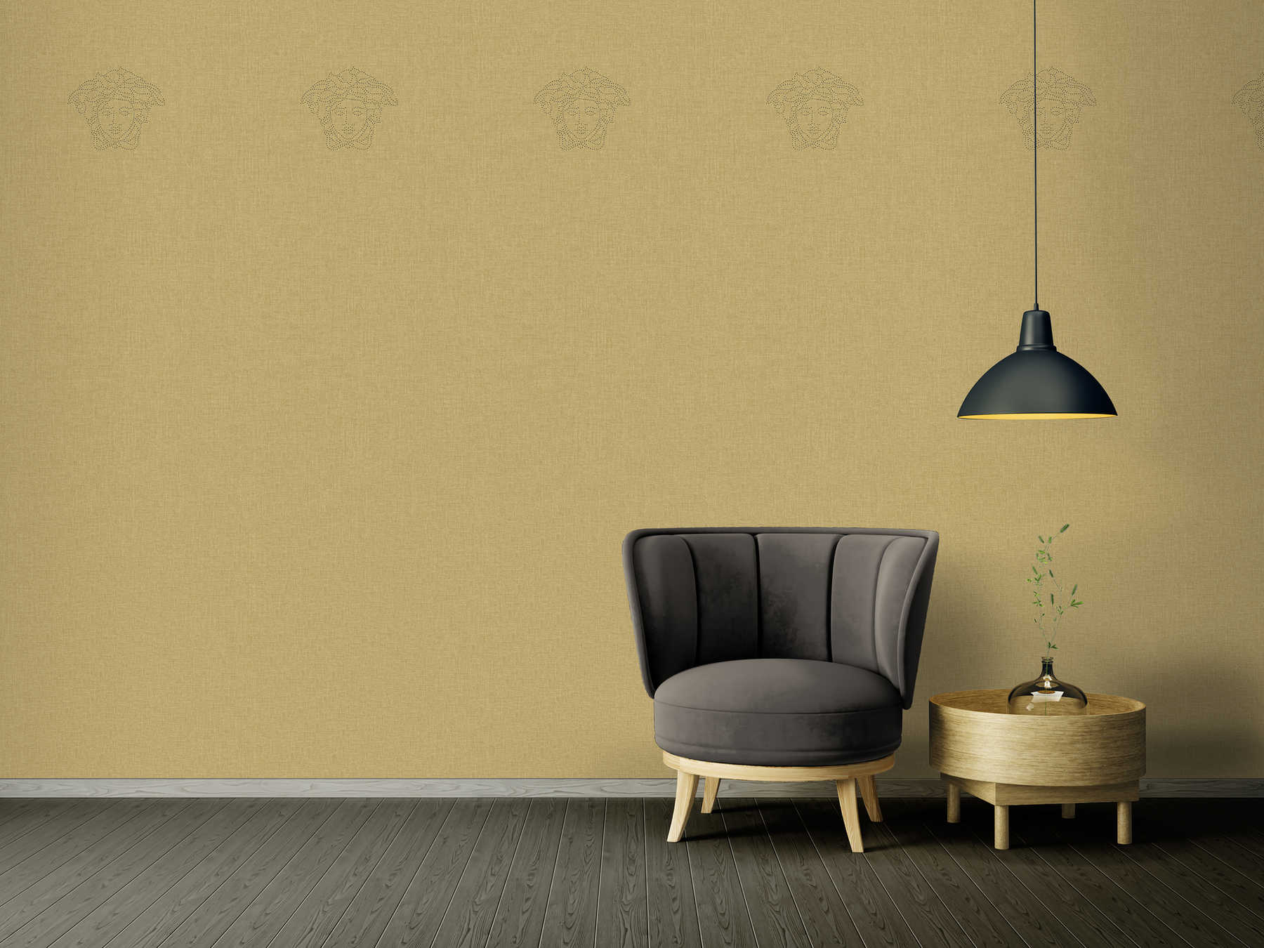             Plain non-woven wallpaper gold-yellow with pearl logo - metallic
        