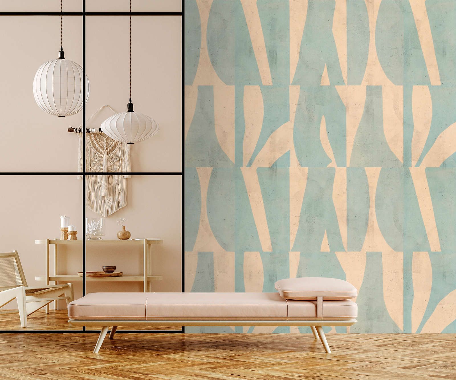             Photo wallpaper »laila« - Graphic pattern on concrete plaster texture - Beige, mint green | Smooth, slightly shiny premium non-woven fabric
        