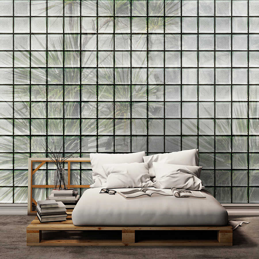 Green House 1 - Papier peint panoramique palmiers & briques de verre

