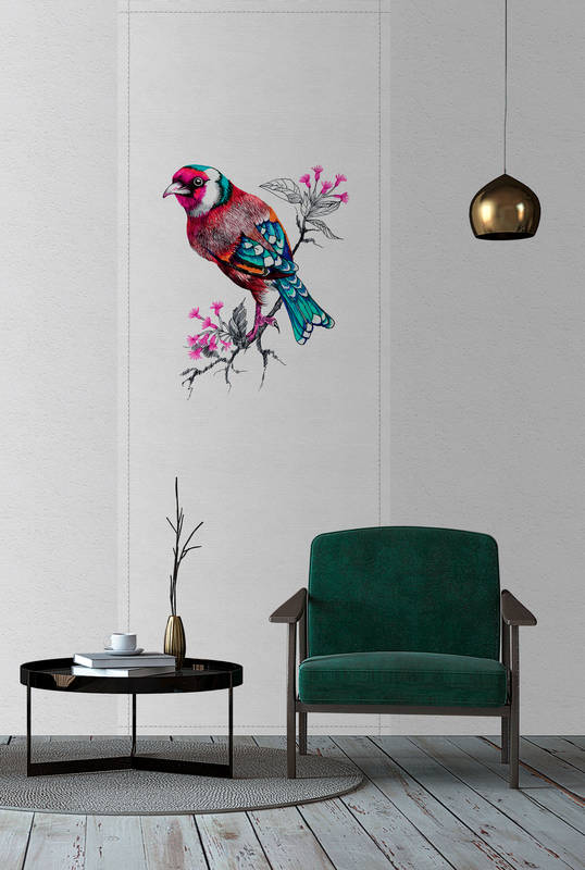             Spring panels 3 - panneau de photos avec dessin d'oiseau coloré- À structure nervurée - Gris, Turquoise | Intissé lisse mat
        