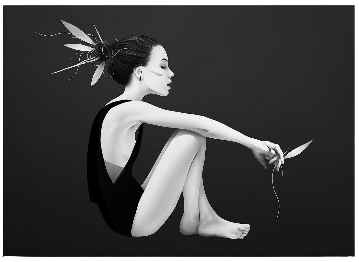             Quadro su tela in bianco e nero "Skyling" con figura di donna - 0,70 m x 0,50 m
        
