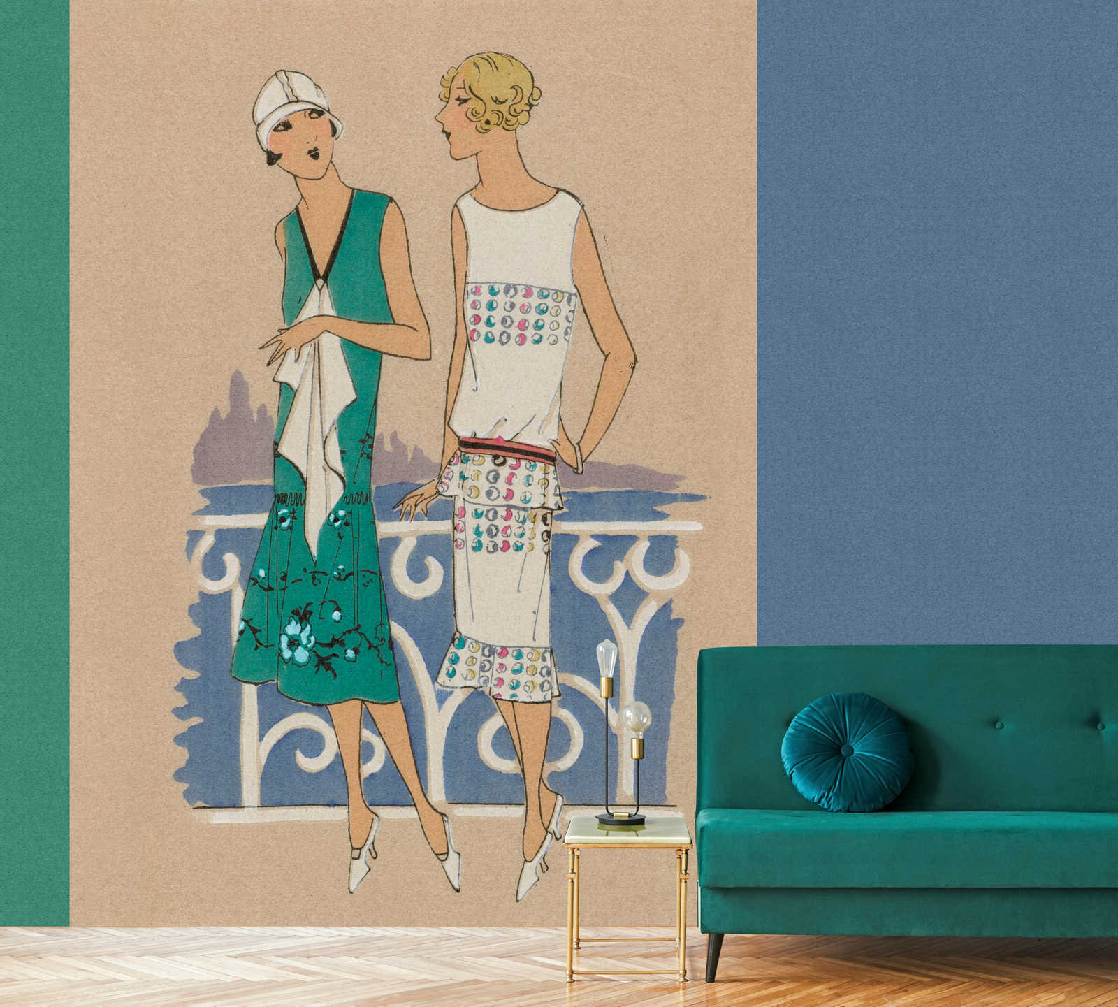             Parisienne 3 - retro photo wallpaper fashion print 20s in blue & green
        