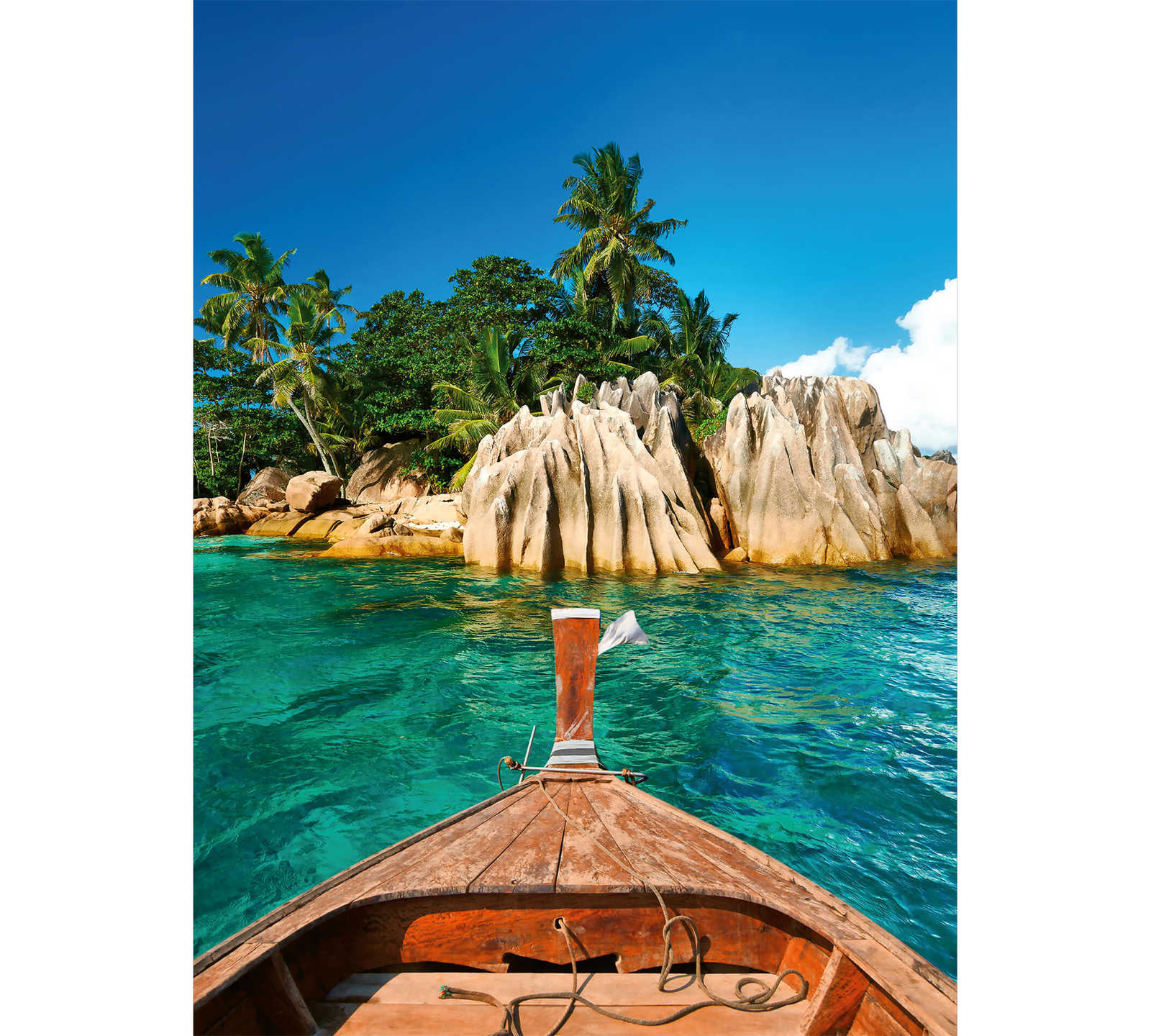 Papier peint Seychelles île et mer - bleu, vert
