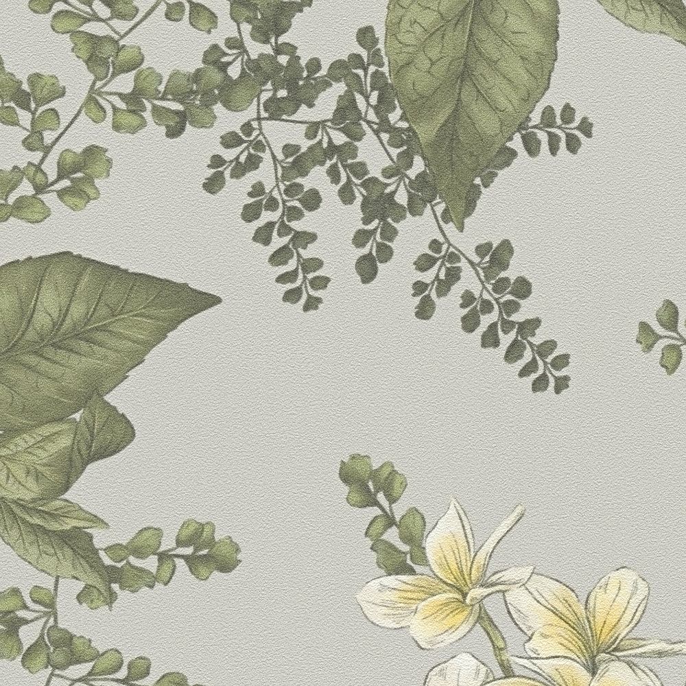             papier peint en papier moderne style floral avec fleurs & herbes structuré mat - gris, vert foncé, blanc
        