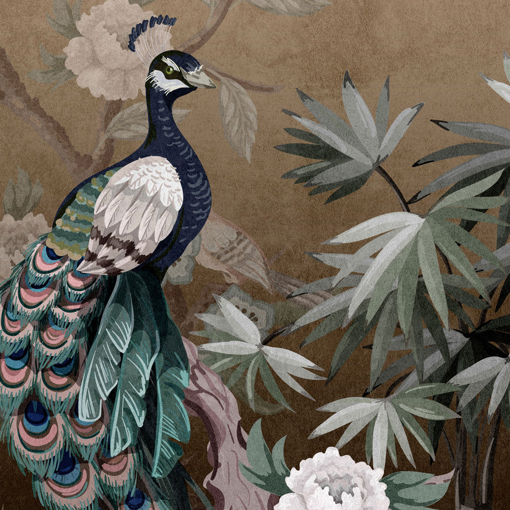             Isla del pavo real 2 - Papel pintado Jardín del pavo real con flores en beige
        