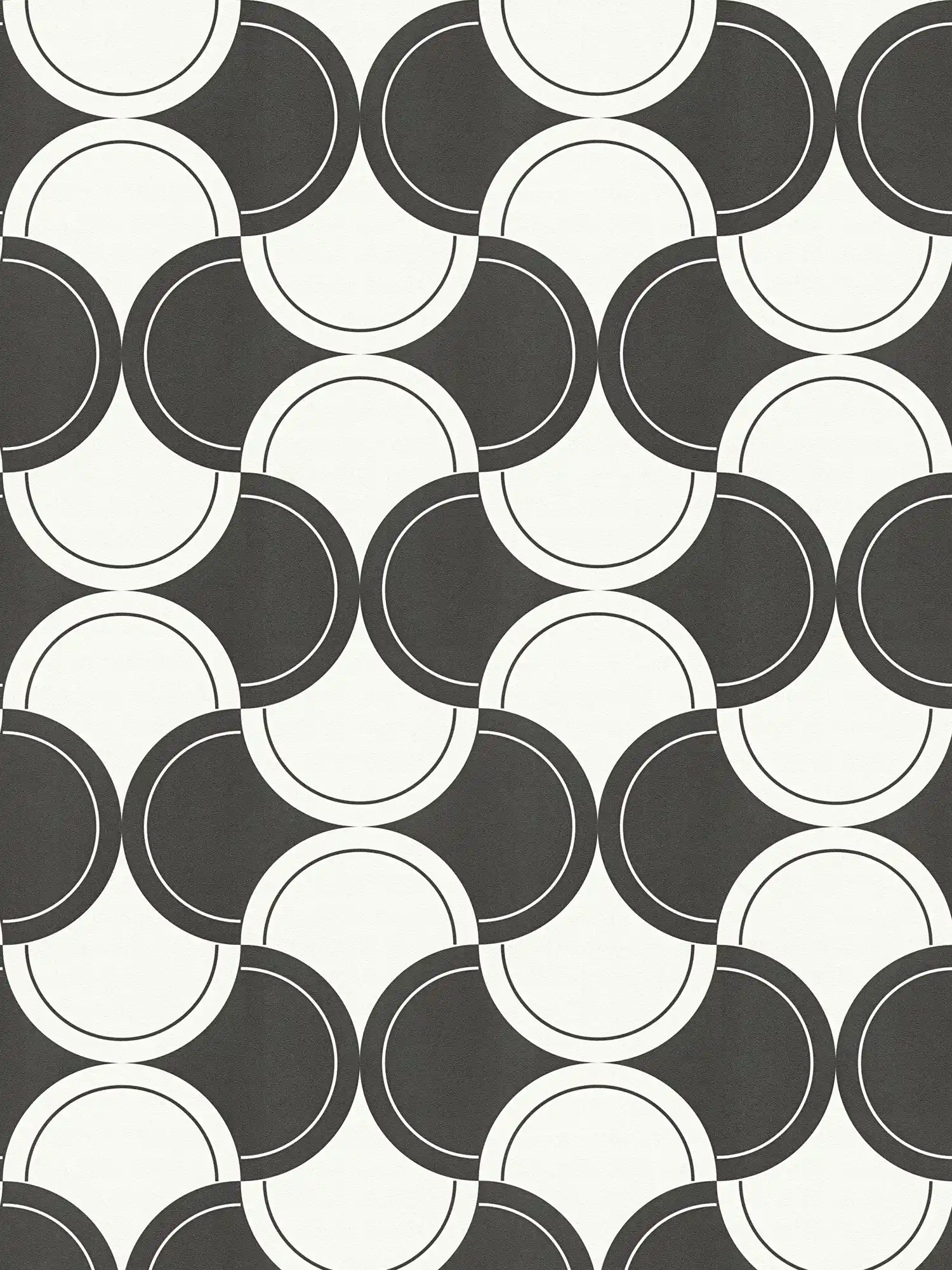 Papel pintado no tejido motivo retro con círculos estilo años 70 - blanco y negro
