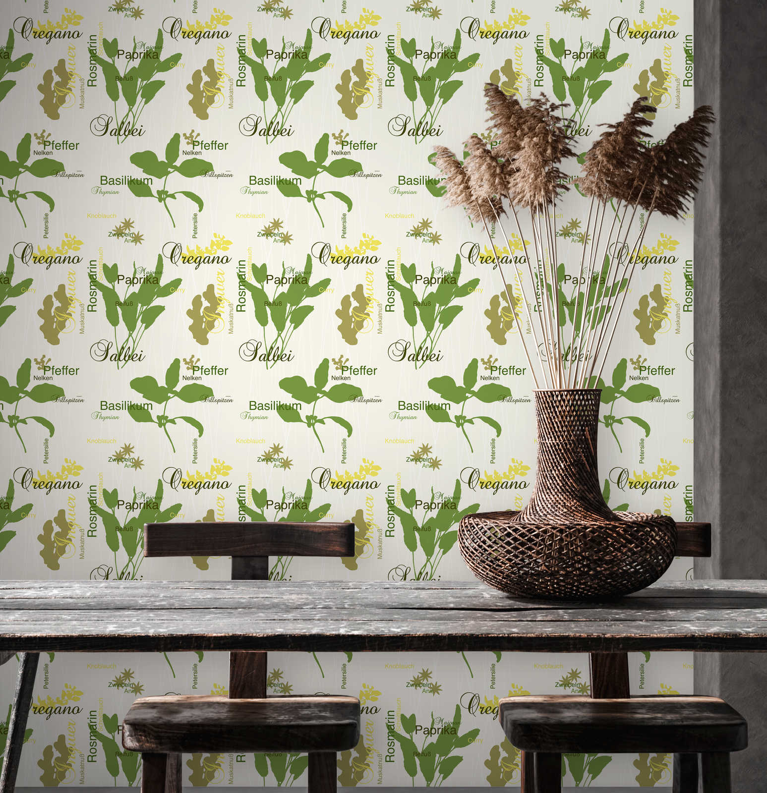             Kitchen wallpaper herbs pattern - beige, yellow, green
        