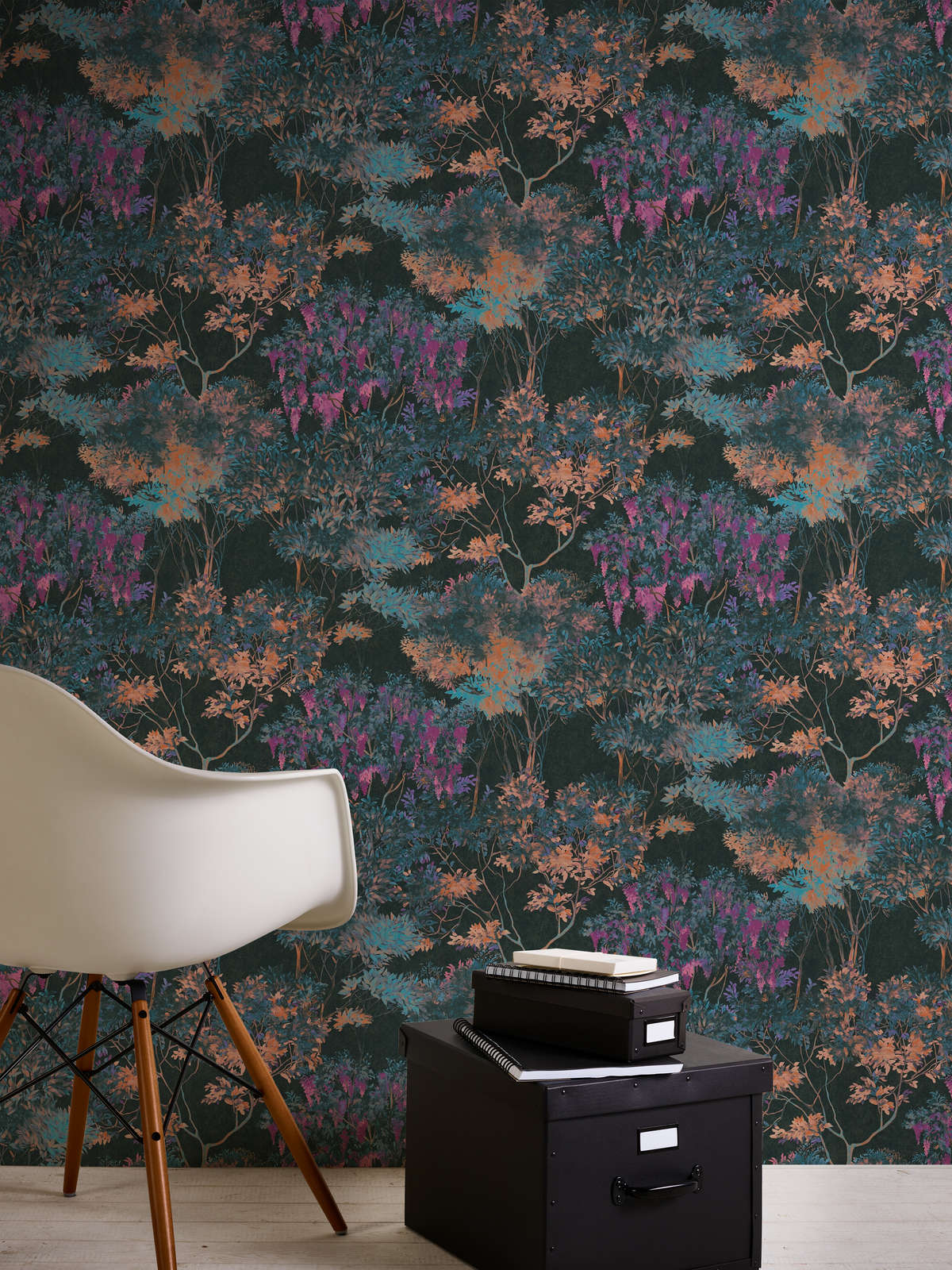            Jungle wallpaper with colourful pattern - multicoloured, black, blue
        