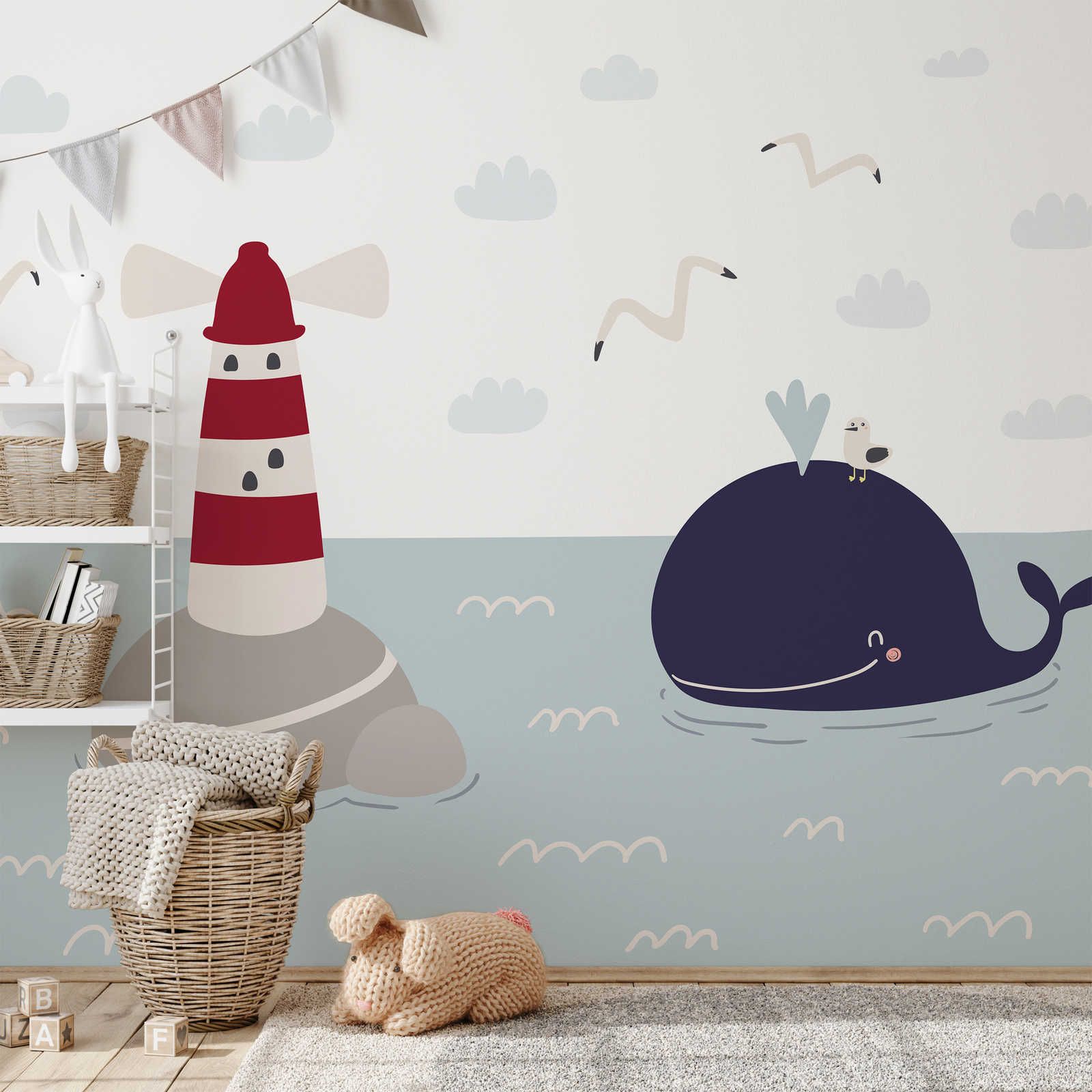 Kinderkamer muurschildering met vuurtoren en walvis - Glad & parelmoervlies
