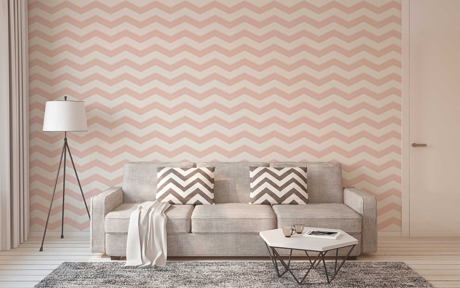             Papier peint à rayures transversales avec lignes en zigzag - rose, blanc
        